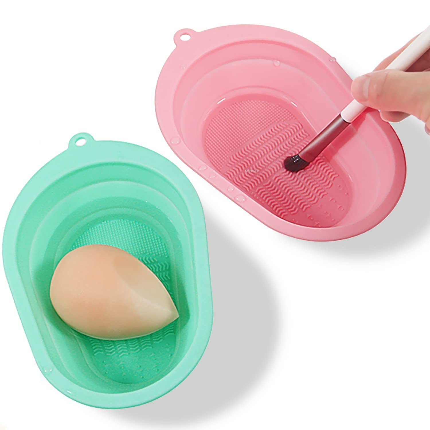 Foldable Silicone Makeup Brush Cleaning Bowl & Pad Set - 2 Pcs Multicolor Cosmetic Brush Cleaner Mat Tool Scrubber for Professional & Home Makeup Brush Care