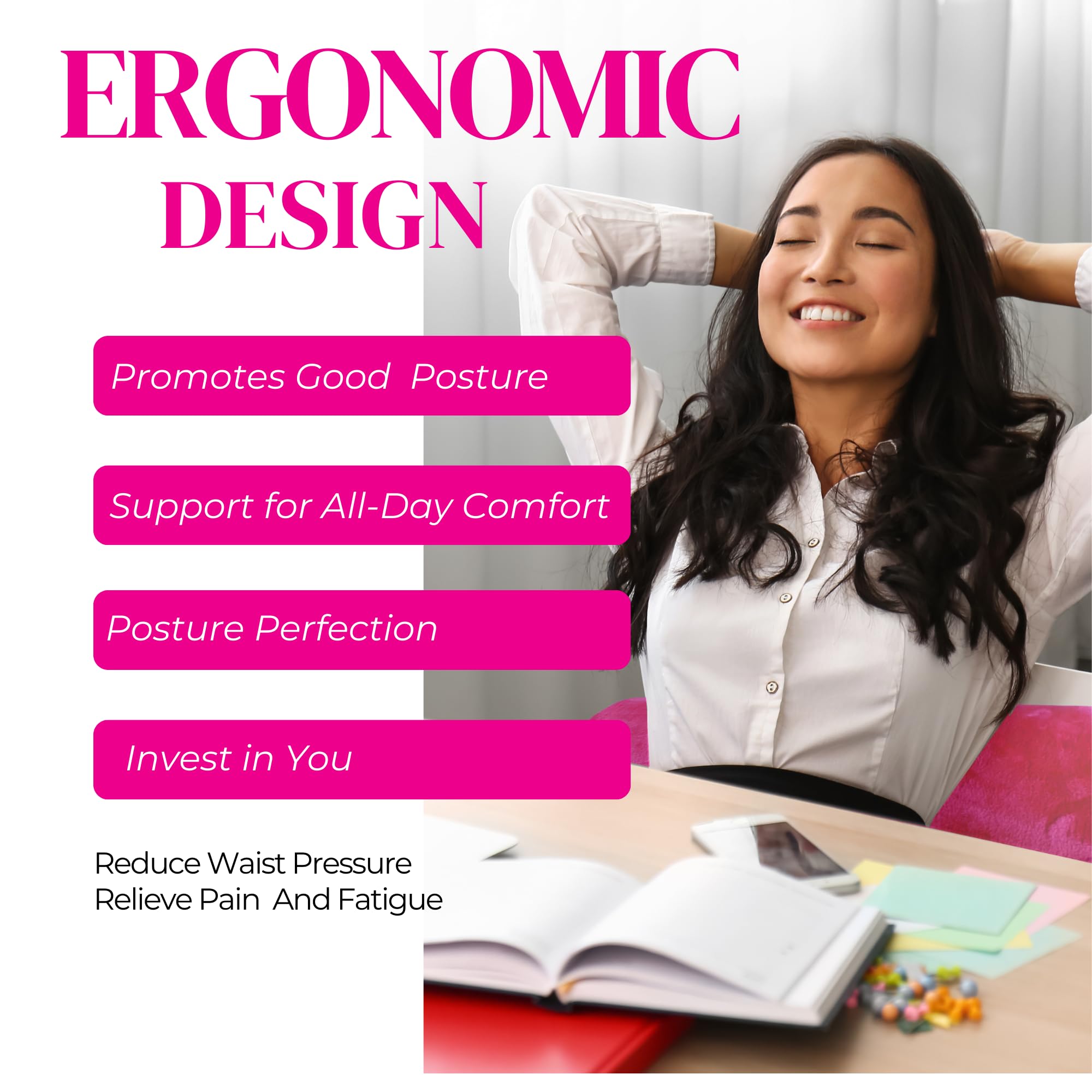 Ergonomic Lumbar Support Pillow for Office Chairs - Detachable & Breathable Lower Back Cushion - Home & Office Comfort - Perfect for Desk Work, Gaming & Long Sitting Sessions (Pink)