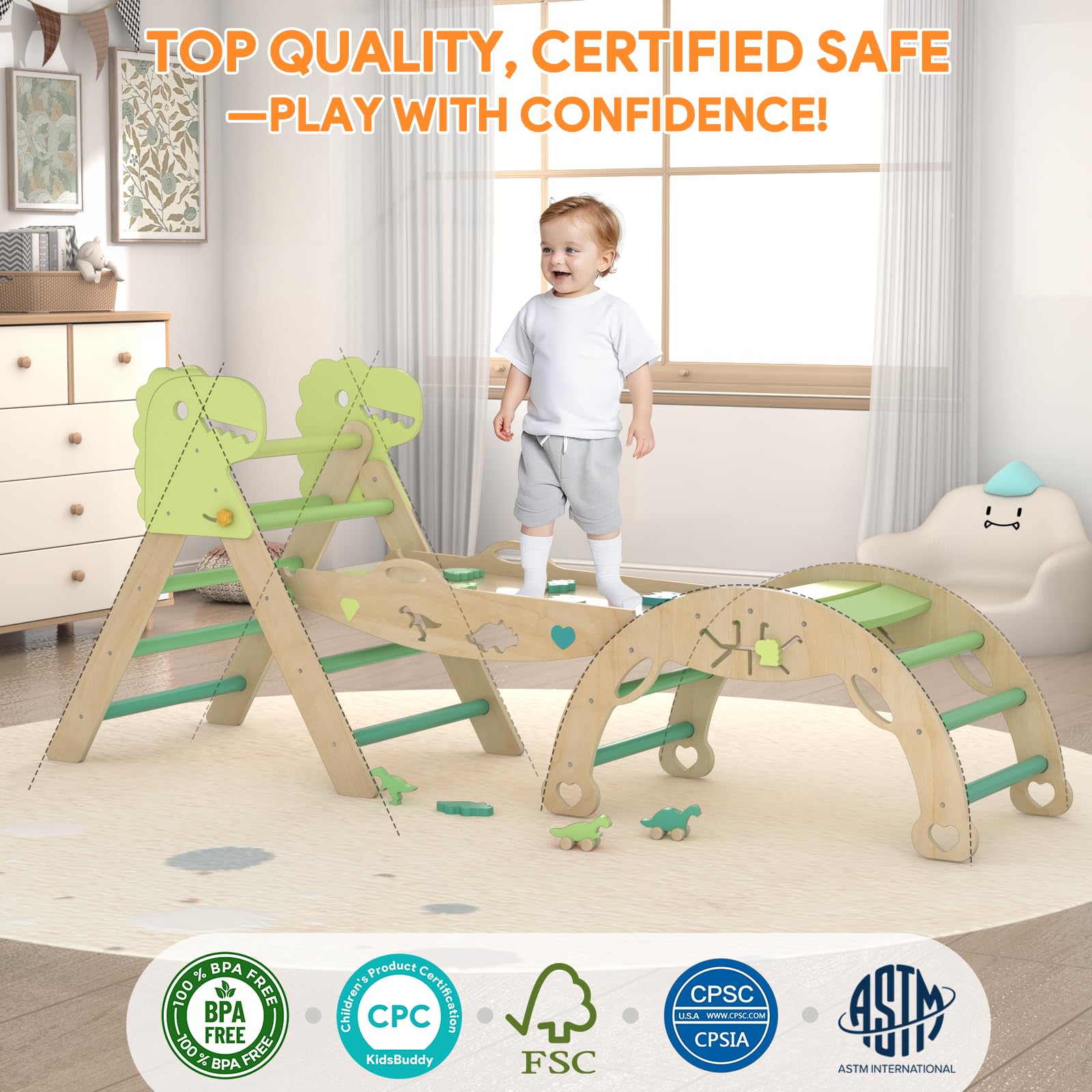 Montessori Wooden Pikler Triangle Climbing Set for Toddlers 1-3 Years - 9-in-1 Indoor Play Gym with Cushion, Maze, Shape Sorter & Dinosaur Car - Perfect for Home Playrooms, Daycares & Early Childhood Development