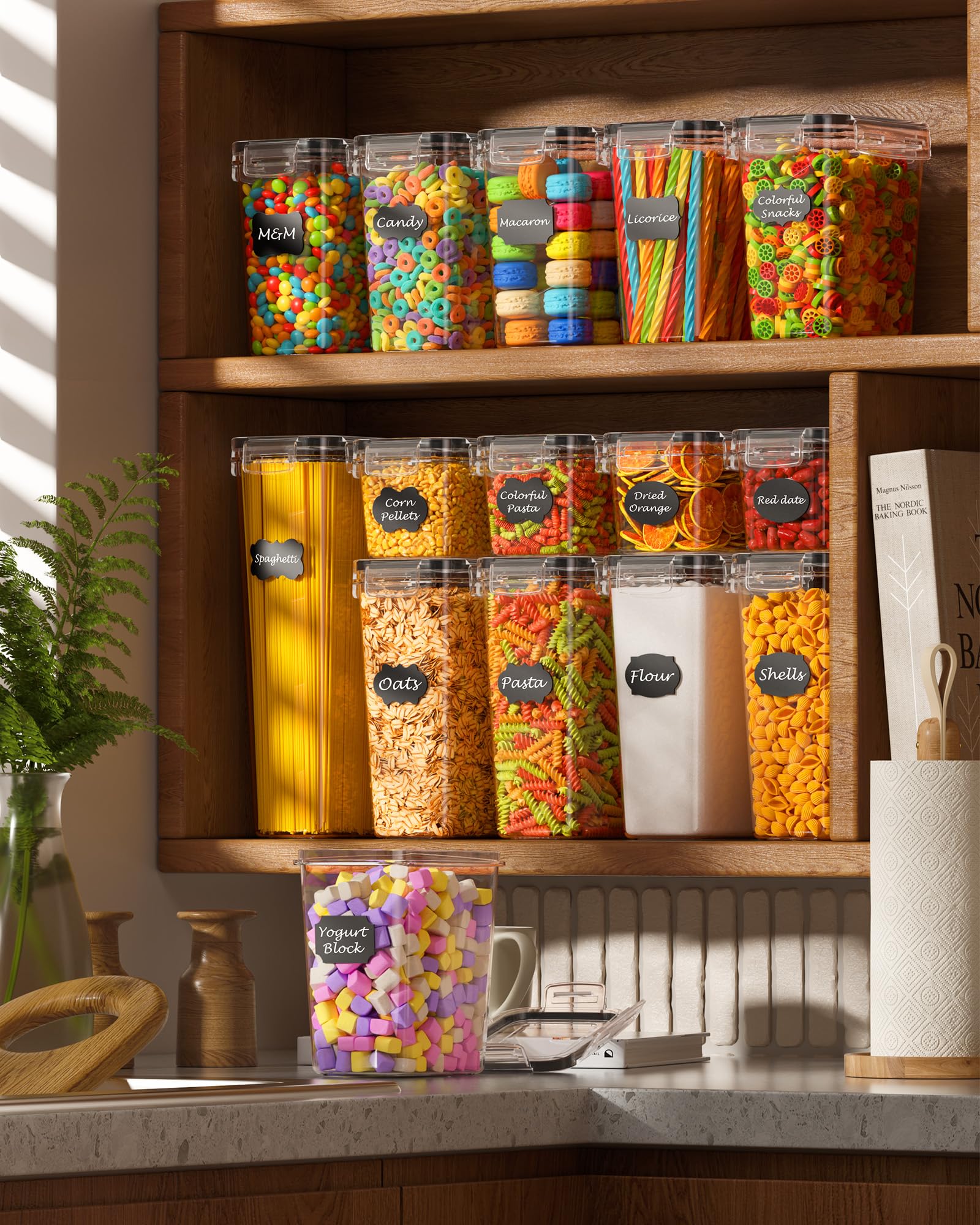 15-Pack Airtight Food Storage Containers with Lids - BPA-Free Plastic Kitchen Organizers for Cereal, Flour, Sugar, Pasta & Dry Food - Includes Labels & Marker - Perfect for Pantry, Baking & Meal Prep Organization