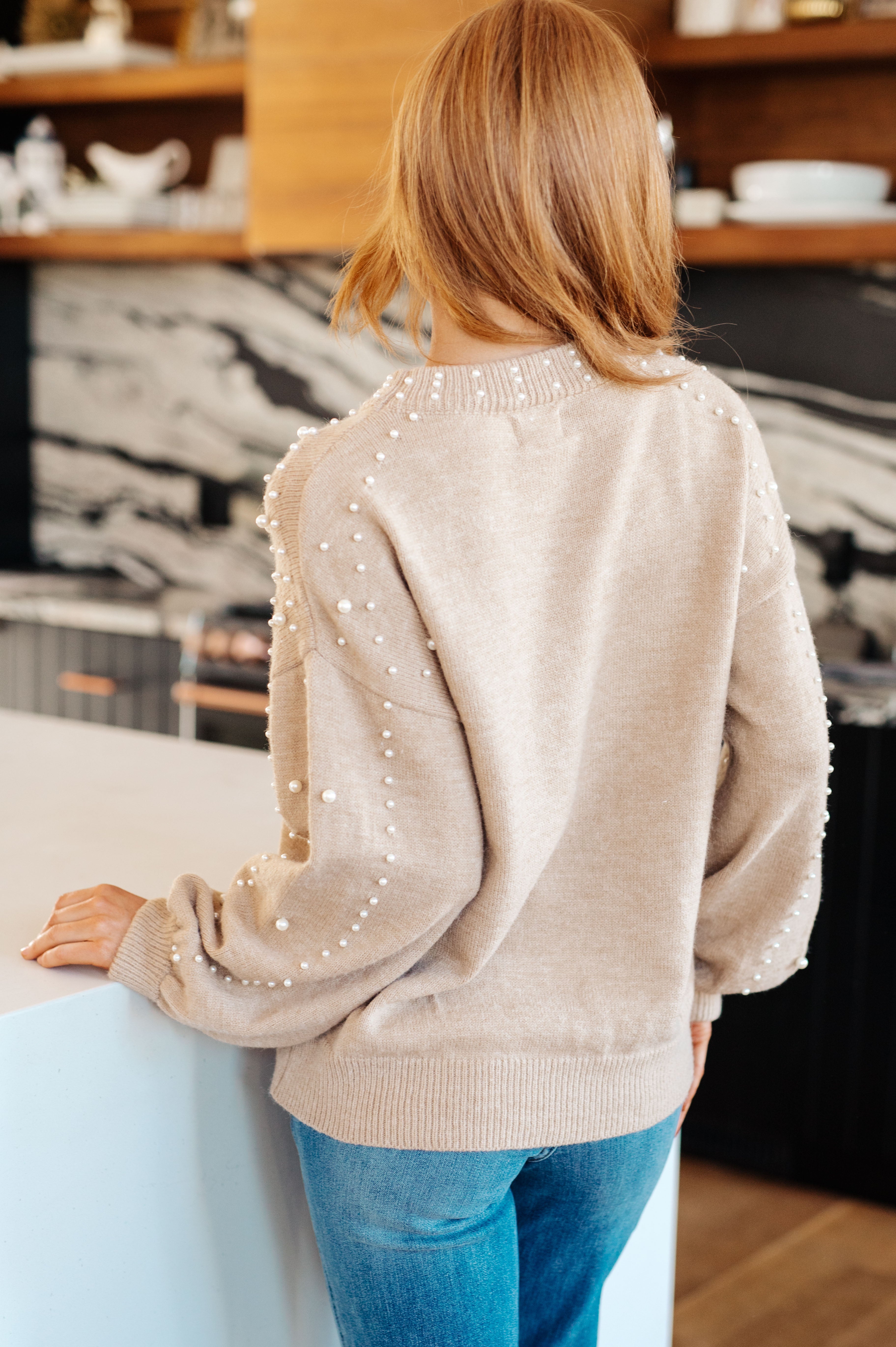 Elegant String Me Along Pearl Accent Sweater - Women's Chic Knit Pullover with Pearl Details for Casual Wear & Office Outfits