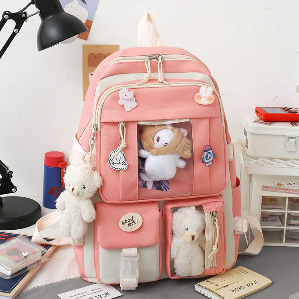 Preppy Kawaii Backpack for Girls with Pin & Accessories - Pink School Bag for Cute Aesthetic Style