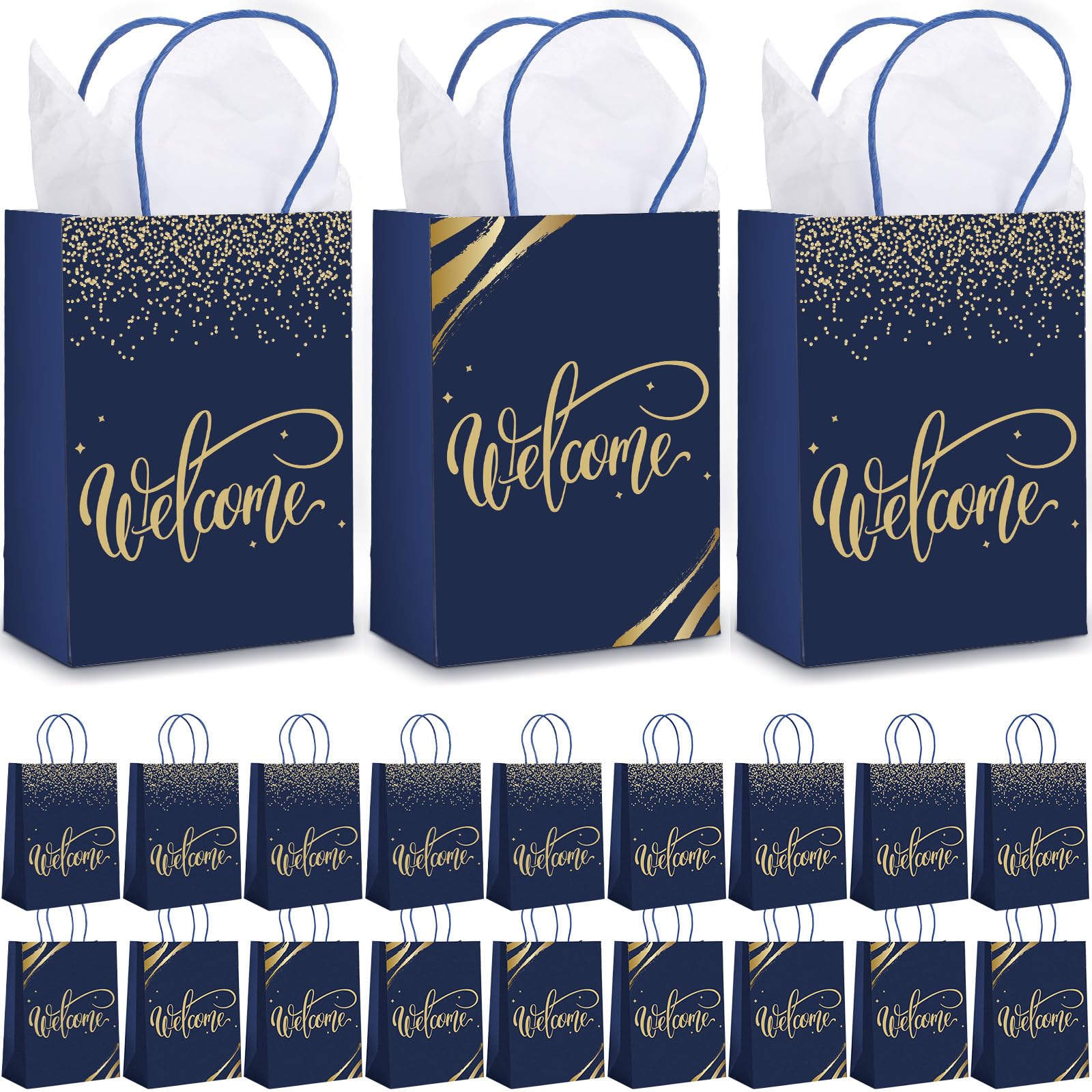 50 Pack Welcome Gift Bags with Handles & Tissue Paper - Navy Blue Kraft Paper Favor Bags for Church, Wedding, Birthday Party, Hotel Guests & Special Events - Bulk Party Supplies for Warm Welcome Gifting