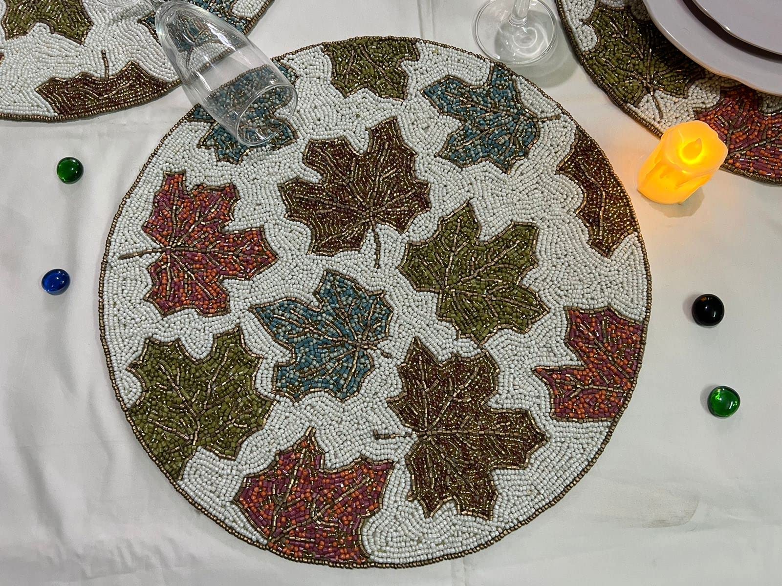 HM Creations Handmade Multicolor Maple Leaf Beaded Placemats - 13x13 Inch Designer Charger Plates (Set of 12) - Perfect for Spring Dining, Thanksgiving Decor & Boho Table Settings