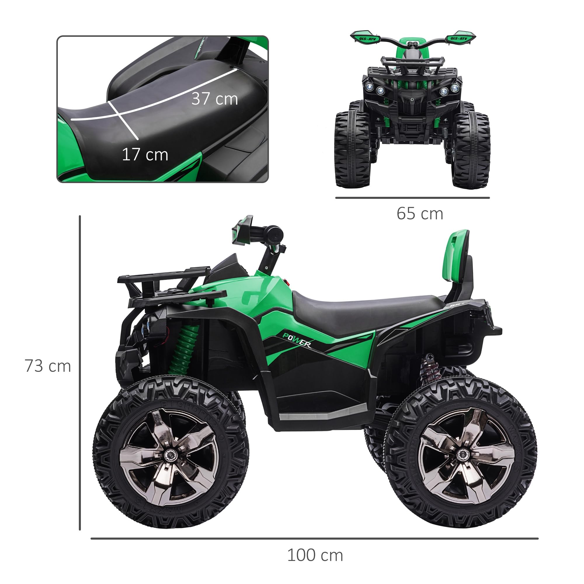 HOMCOM 12V Kids Electric Quad for Ages 3+ with 2 Motors, LED Lights, Music & Suspension Tires - Battery Powered Ride-On Toy with Forward/Reverse Buttons (100x65x73cm, Green) - Perfect for Outdoor Play, Birthday Gifts & Backyard Adventures