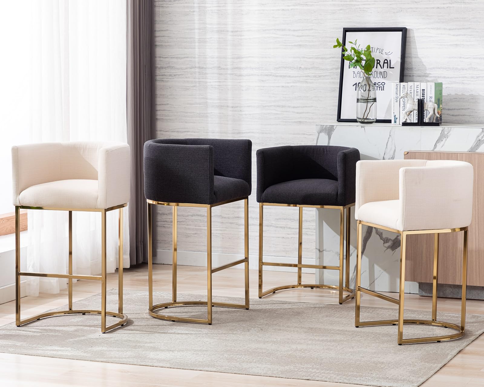 Modern Cream Counter Height Barrel Linen Fabric Upholstered Counter Stools Set of 4, 29 Inch Kitchen Island Stools with Gold Metal Frame - Perfect for Breakfast Bars, Kitchen Islands & Dining Areas