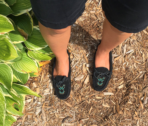 Women's Black Beaded Moccasins with Comfortable Rubber Sole - Stylish Slip-On Shoes for Casual Wear, Home & Outdoor Use