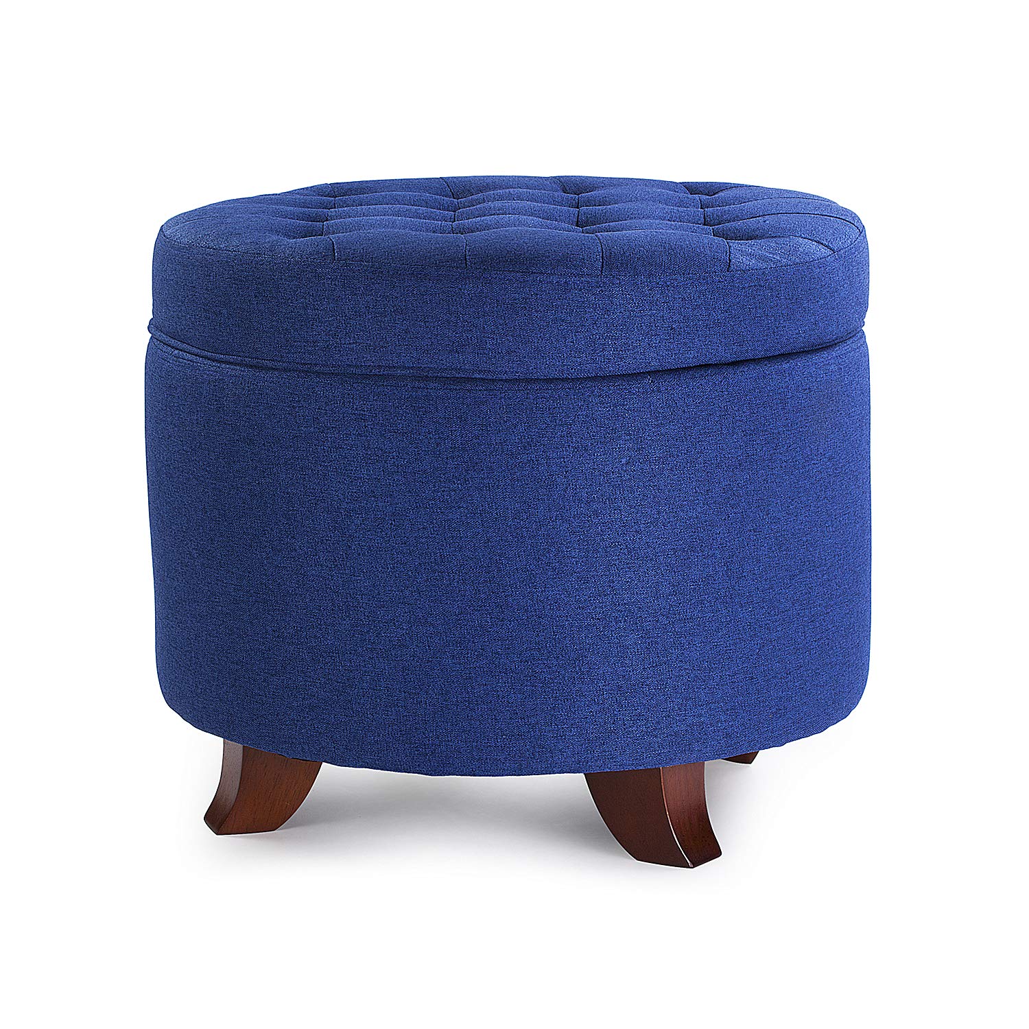 Enova Home Ivy 18 Inch Modern Blue Linen Fabric Round Storage Ottoman - Living Room Footrest, Coffee Table & Extra Seating - Perfect for Small Spaces & Home Decor