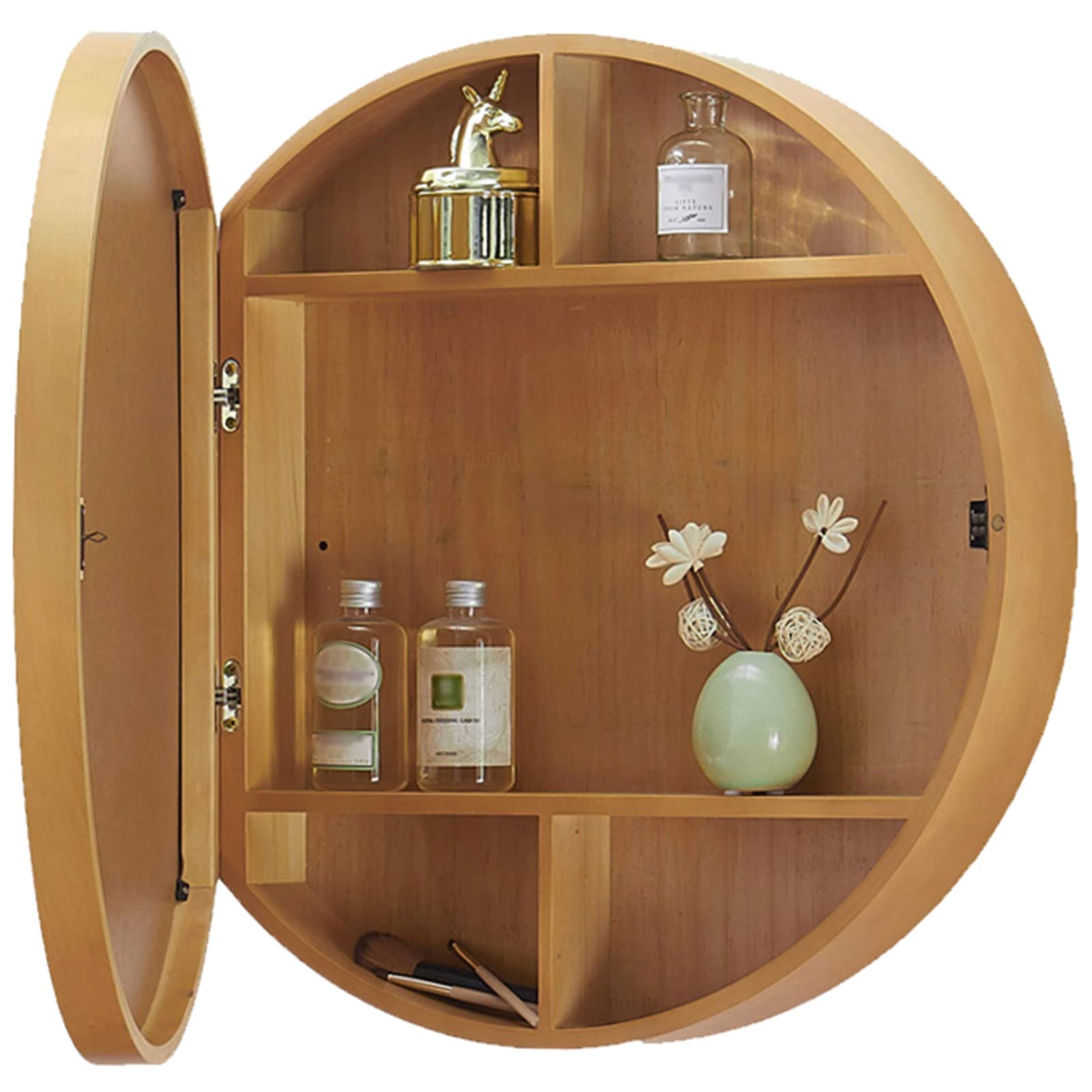 Round Wall Mounted Bathroom Medicine Cabinet with Mirror Door & Hidden Shelves - Beige, 50cm - Perfect for Small Bathrooms, Vanity Storage & Modern Home Decor