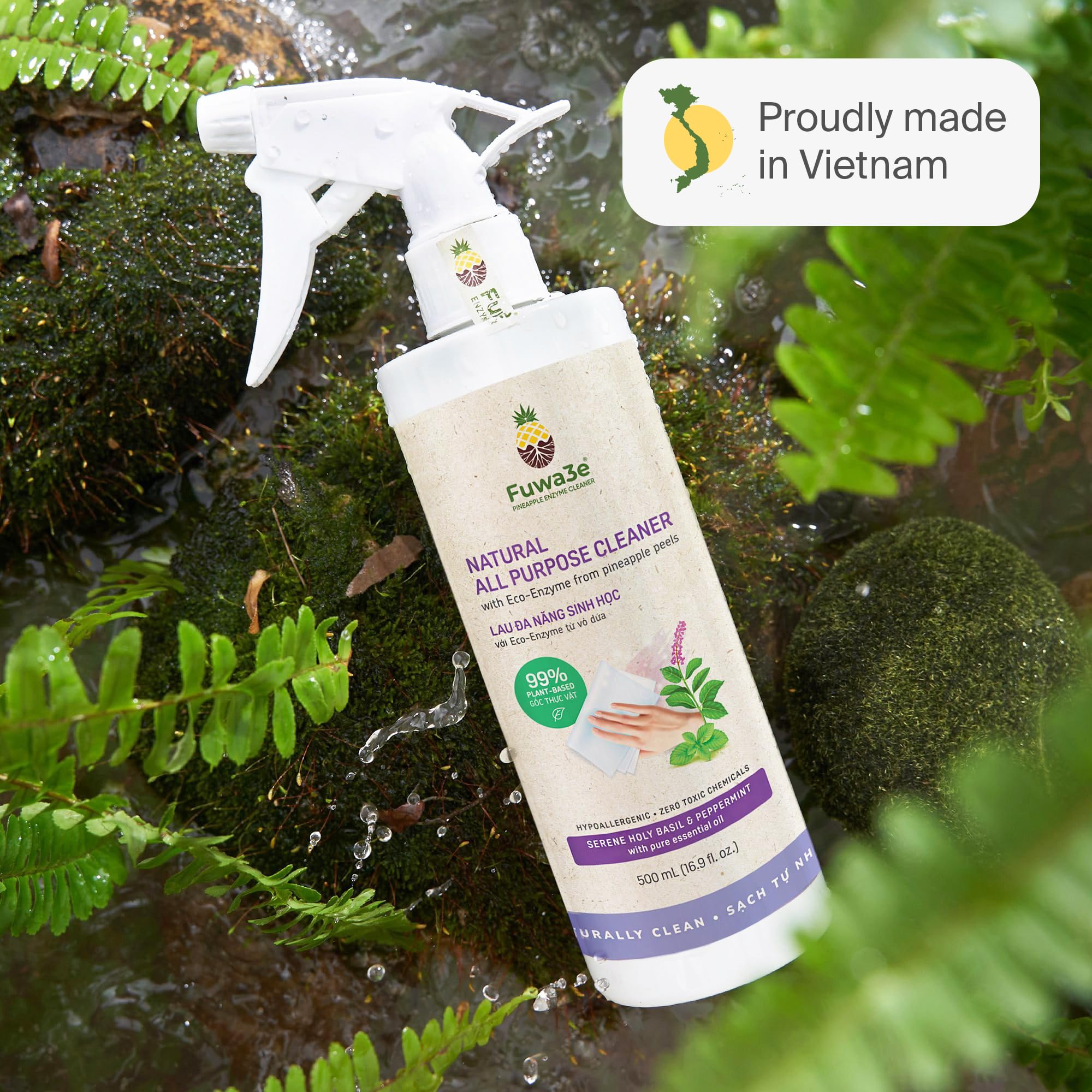Fuwa3e Pineapple Enzyme All-Purpose Cleaner Spray - 16.9oz 3 Pack | Natural, Non-Toxic, 99% Plant-Based | Serene Holy Basil & Peppermint Scent | Made from Recycled Pineapple Peels | Perfect for Kitchen, Bathroom & Multi-Surface Cleaning