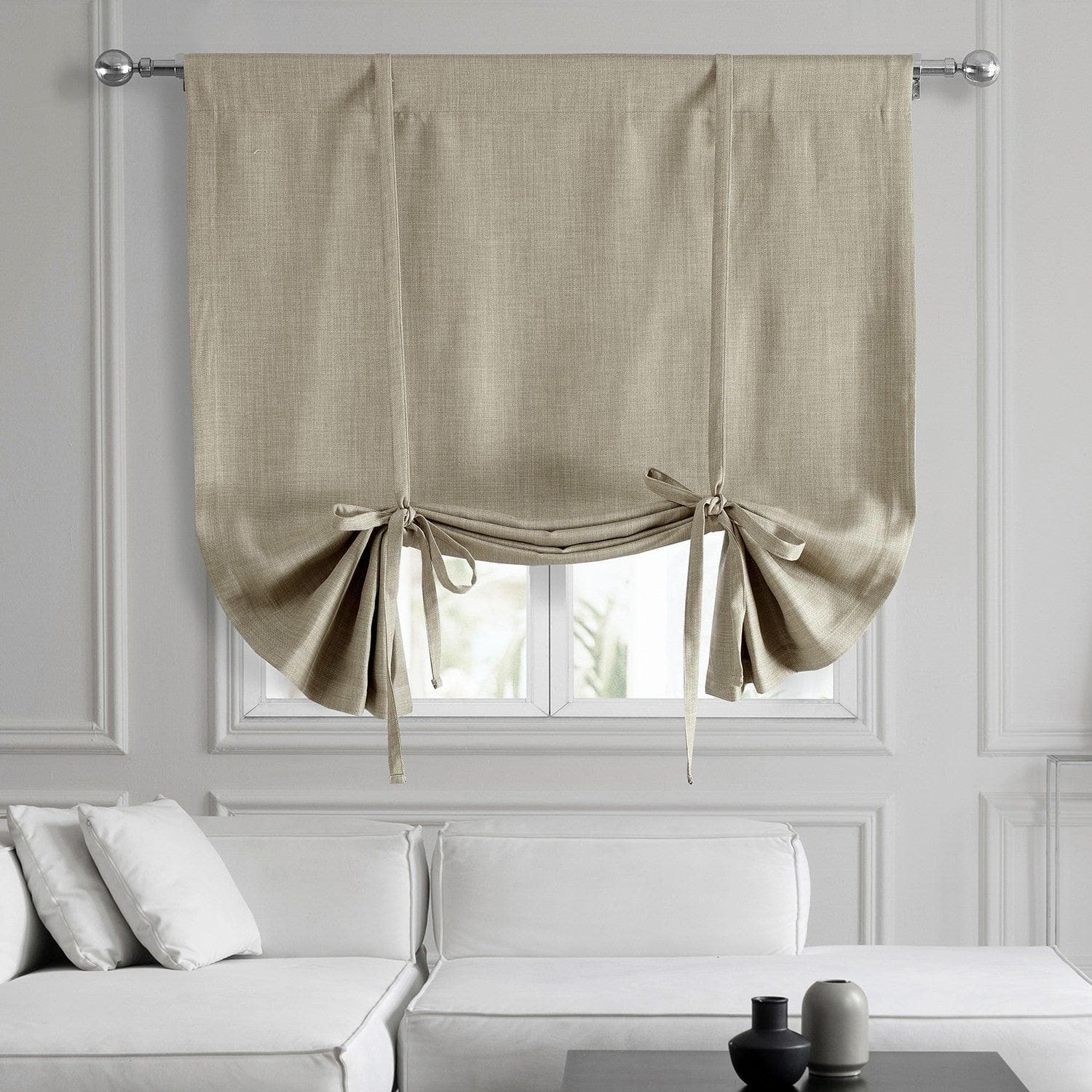 Oatmeal Textured Faux Linen Blackout Window Shades - Room Darkening Tie-Up Curtain Panels for Bedroom, Living Room & Nursery