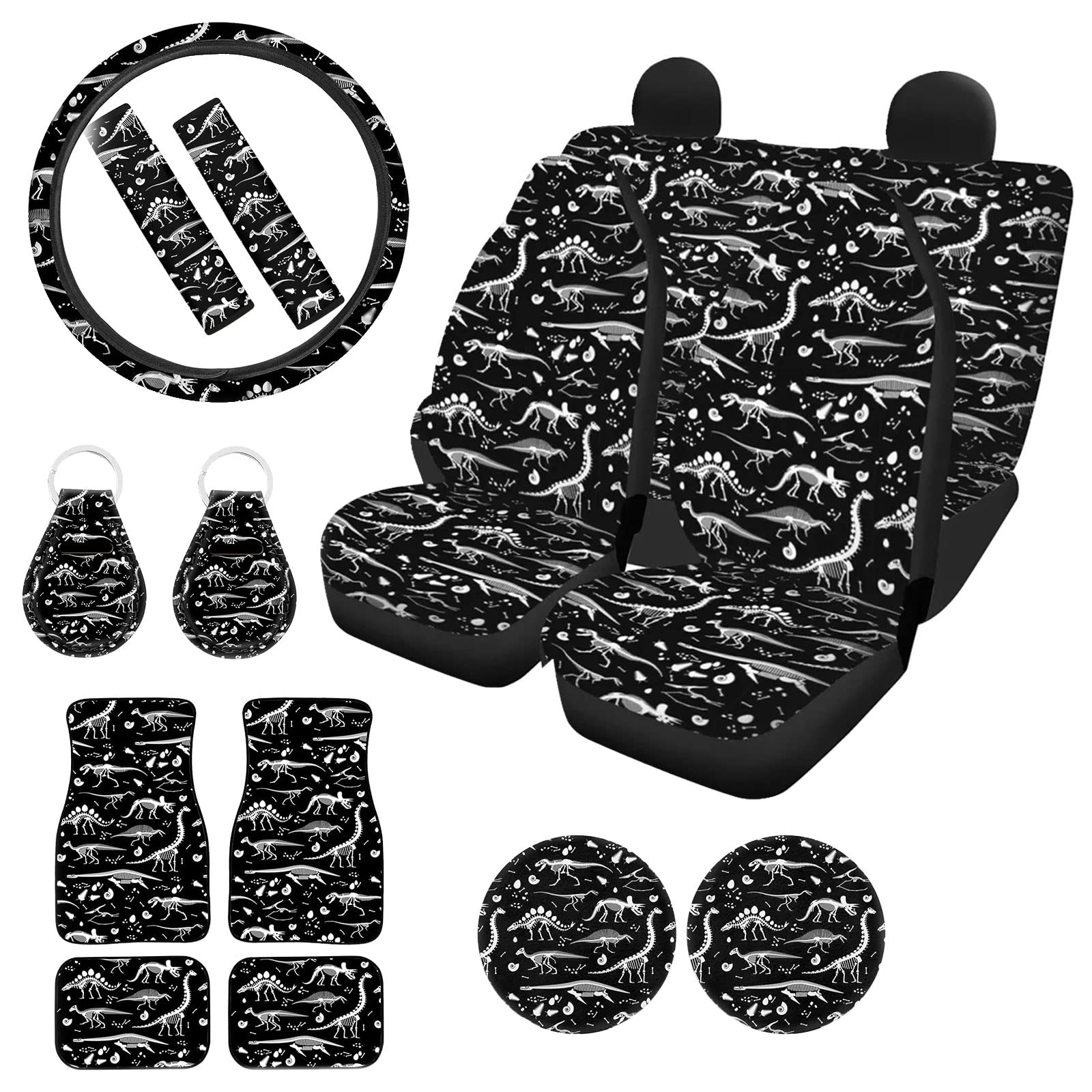 YSTARDREAM Retro Dinosaur Universal Car Floor Mats - Non-Slip Auto Seat Covers for Women & Men with Steering Wheel Cover, Seat Belt Pads, Cup Coasters & Keychains - Fits Most Cars & SUVs - Perfect for Road Trips & Daily Commutes