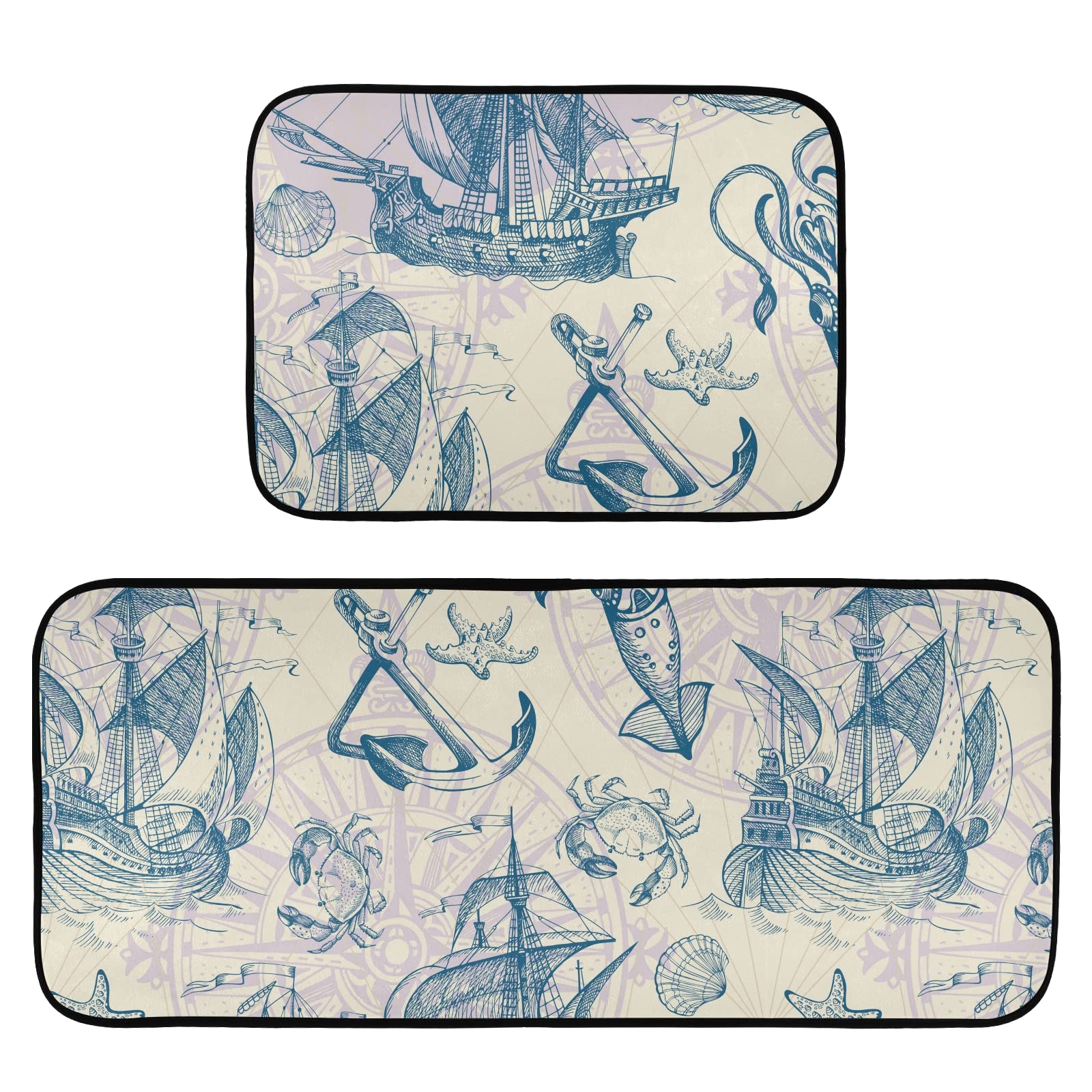 Vintage Sailboat Seashells Non-Slip Kitchen Mat Set of 2 - Anti-Fatigue Foam Cushioned Floor Mats for Standing Comfort, Home Decor & Doormat - Perfect for Kitchens, Entryways, and High-Traffic Areas