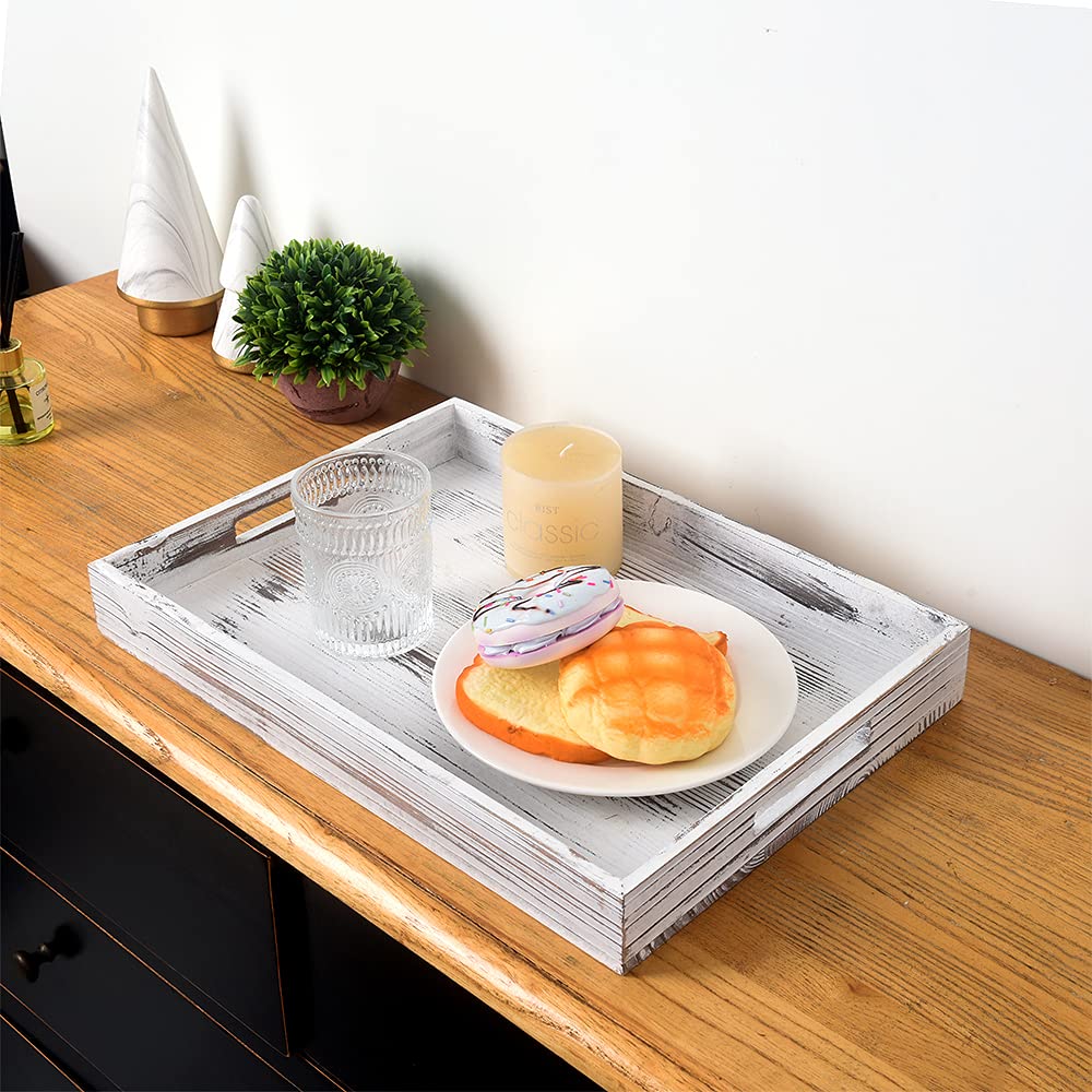 **Rustic Wooden Serving Trays Set of 3 - Handled Ottoman Trays for Food, Drinks & Coffee - Farmhouse Decorative Platter for Dining, Living Room & Kitchen Decor**