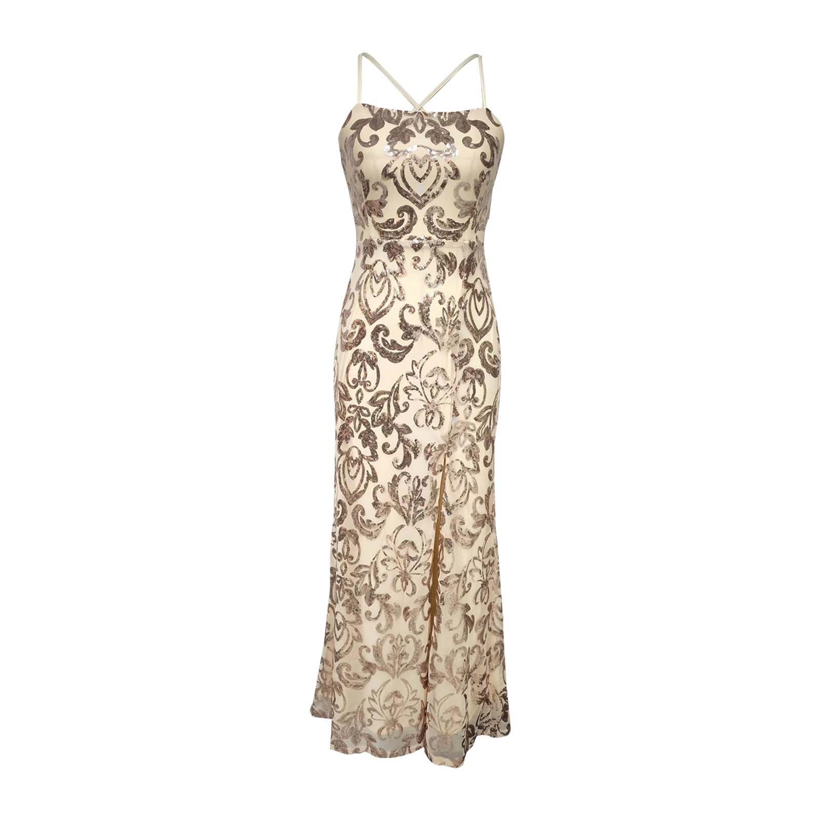 Elegant Women's Maxi Dress Spaghetti Strap Backless Bodycon Evening Party Dress with High Slit - Vintage Cocktail Dress for Night Out, Date Night, Formal Events & Summer Weddings