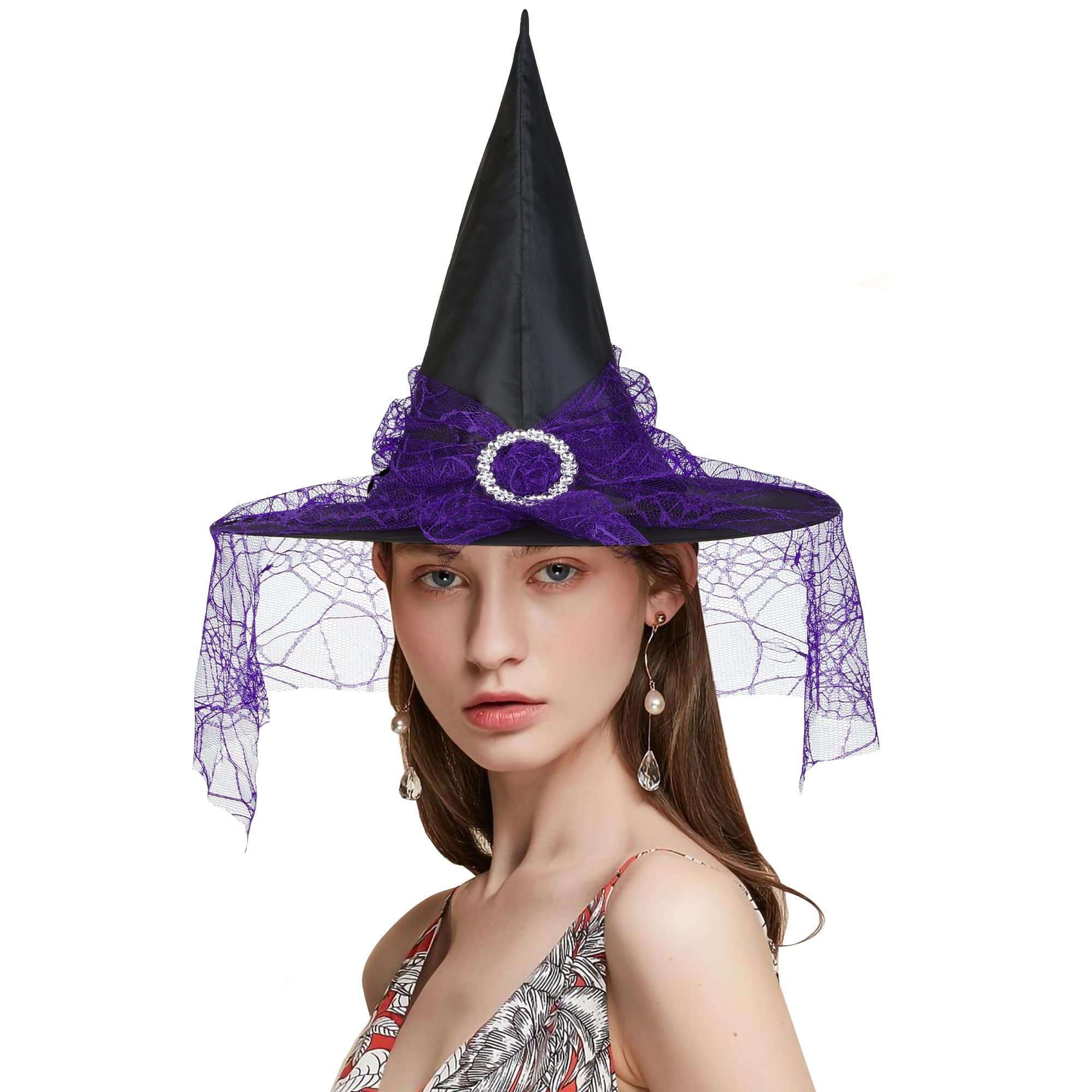 Purple Witch Hat for Women - Elegant Lace Wizard Hat for Halloween Costume & Party Decoration | Perfect for Witch-Themed Parties, Cosplay, and Spooky Events