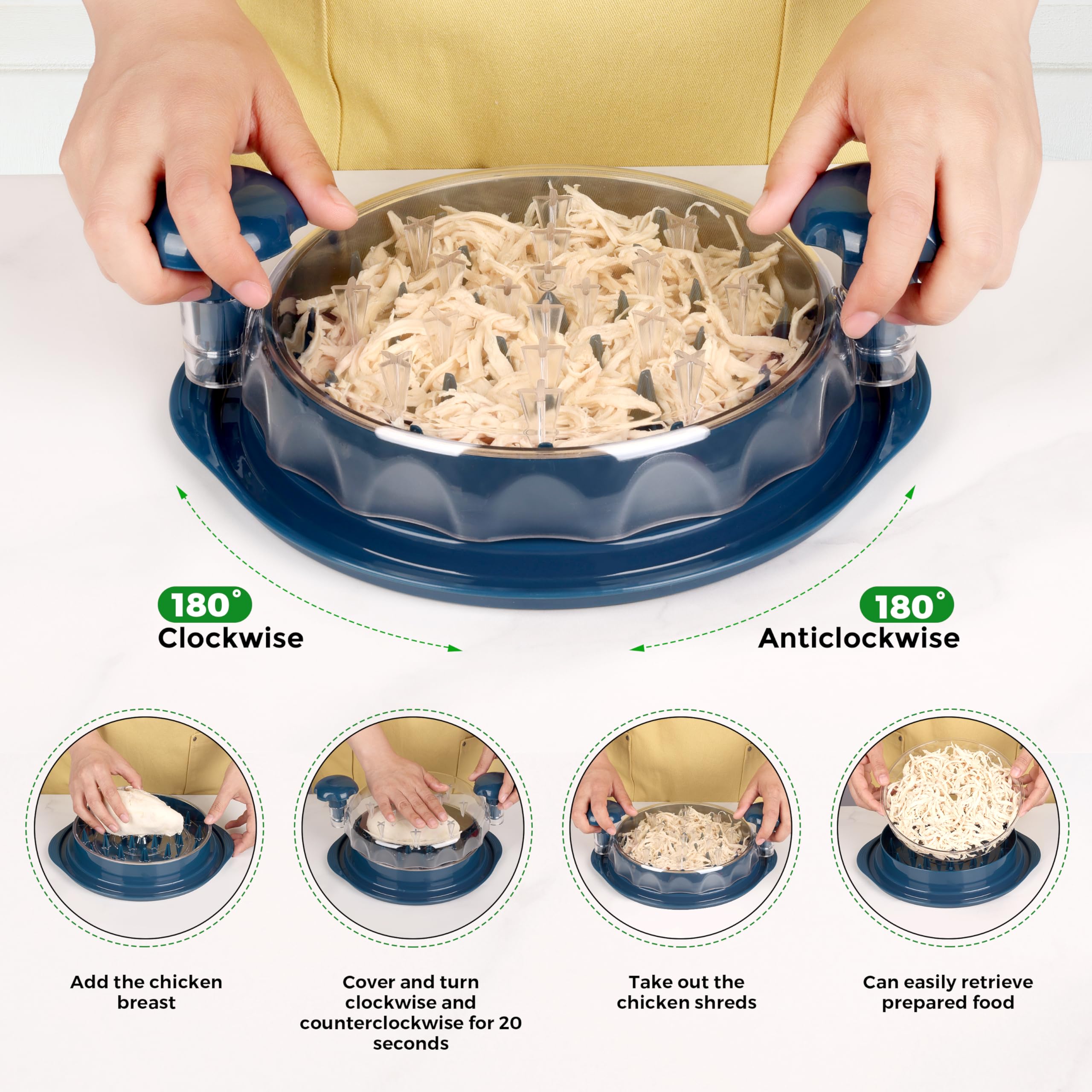 Professional Chicken Shredder Tool - Heavy Duty Meat Shredder with Twist Function & Transparent Lid - Non-Slip Kitchen Gadget for Pulled Chicken, Pork, Beef - Perfect for Tacos, Sandwiches, Salads & Meal Prep