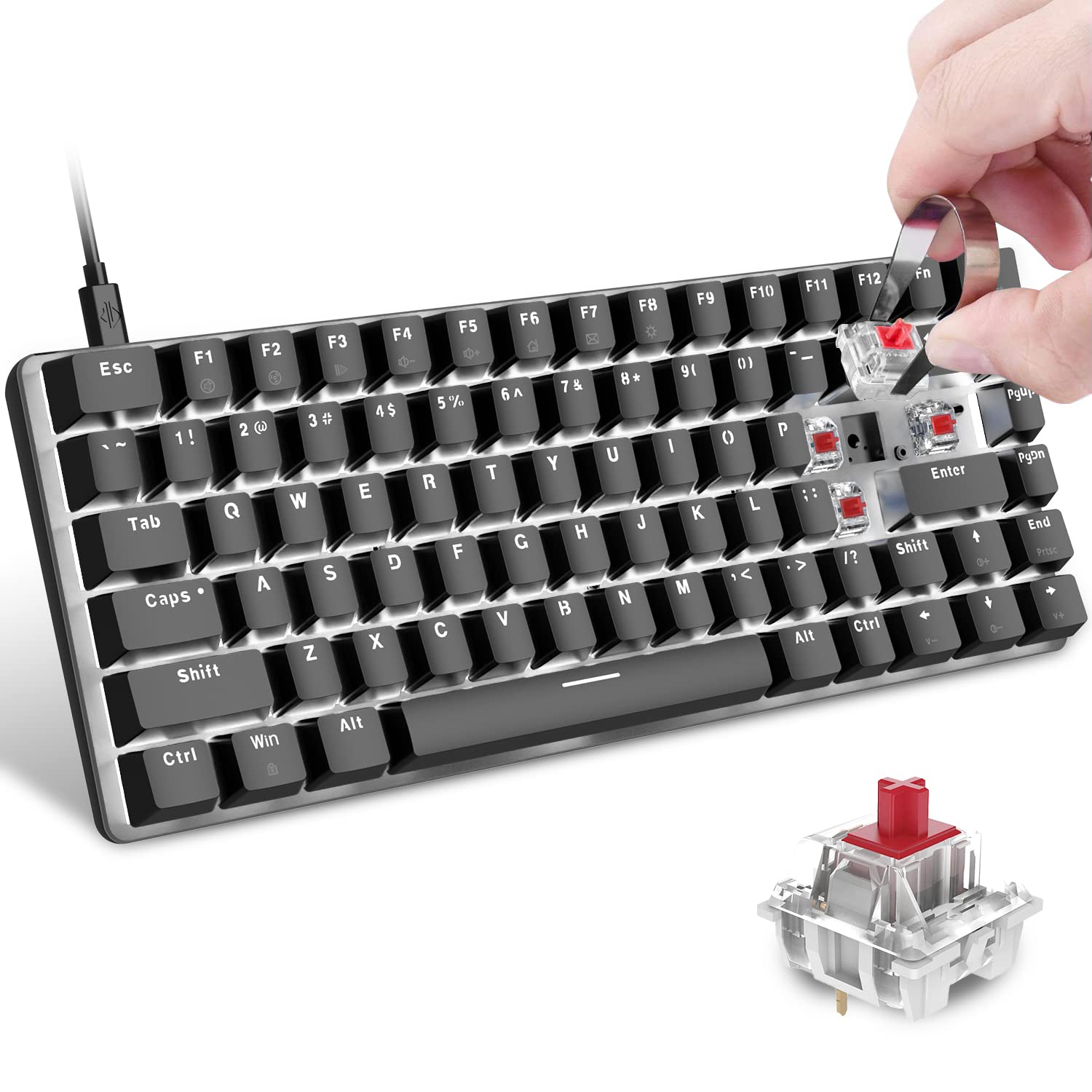 60% Compact Mechanical Gaming Keyboard - 82 Keys Hot Swappable Wired Keyboard with White LED Backlight, Detachable Type-C Cable & Ergonomic Design for PC Gamers (Red Switch, Black) | Perfect for FPS, MOBA Gaming & Office Work