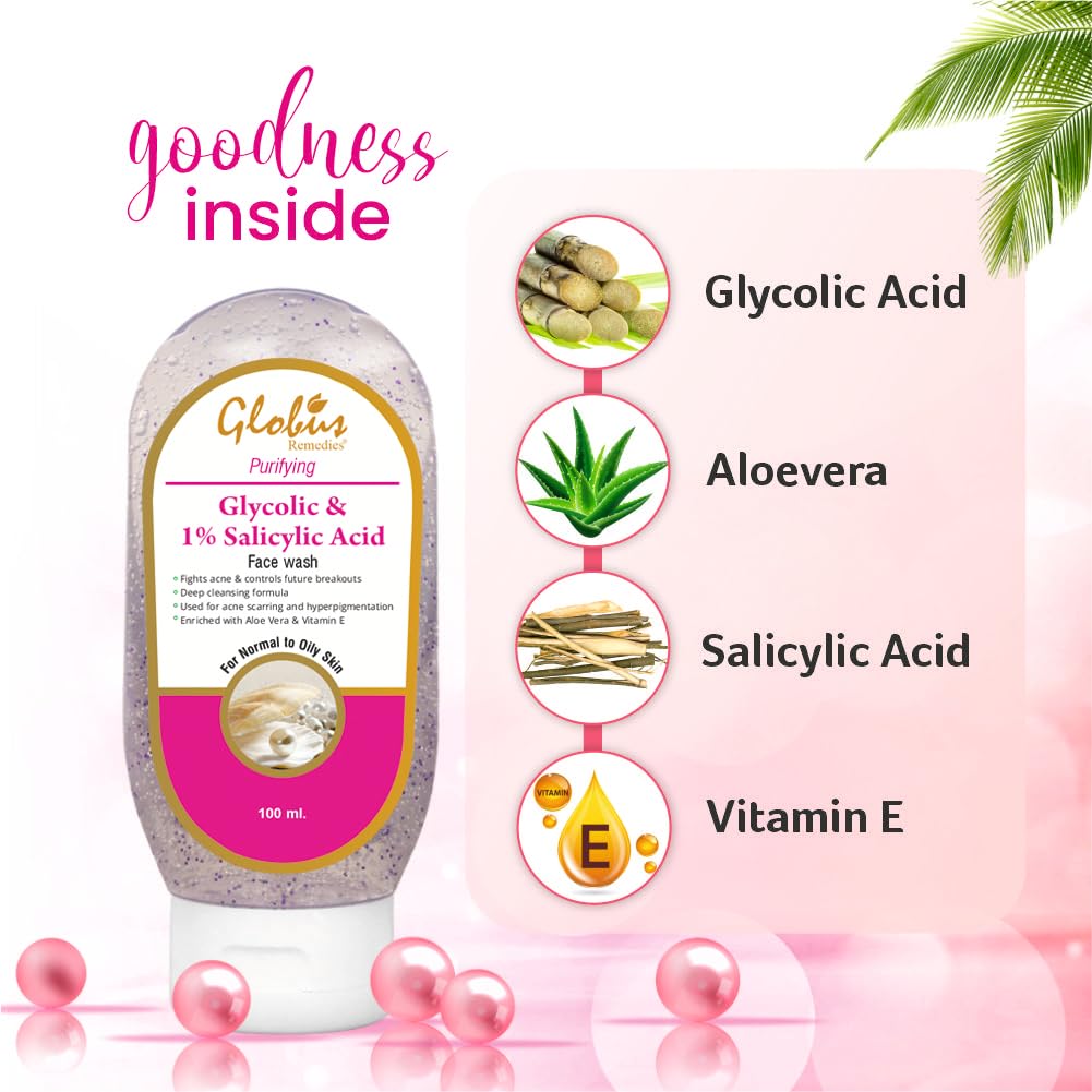Globus Remedies Glycolic & 1% Salicylic Acid Acne Control Face Wash - 100ml | Exfoliating Cleanser for Clear Skin | Perfect for Daily Acne Treatment & Oil Control