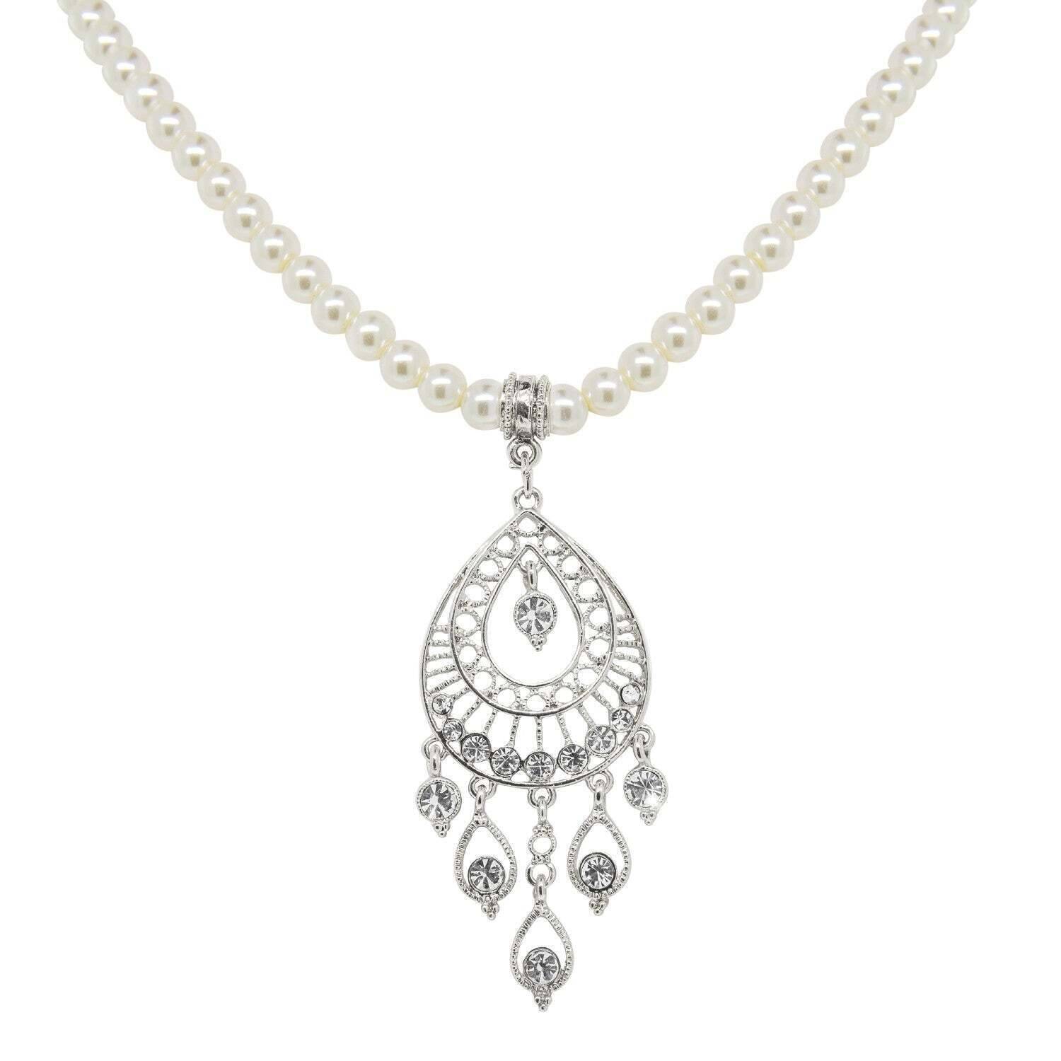1928 Bridal Crystal Filigree Drop Necklace with 6mm Faux Pearl Strand - Vintage Inspired Wedding Jewelry for Brides, Bridesmaids & Formal Occasions