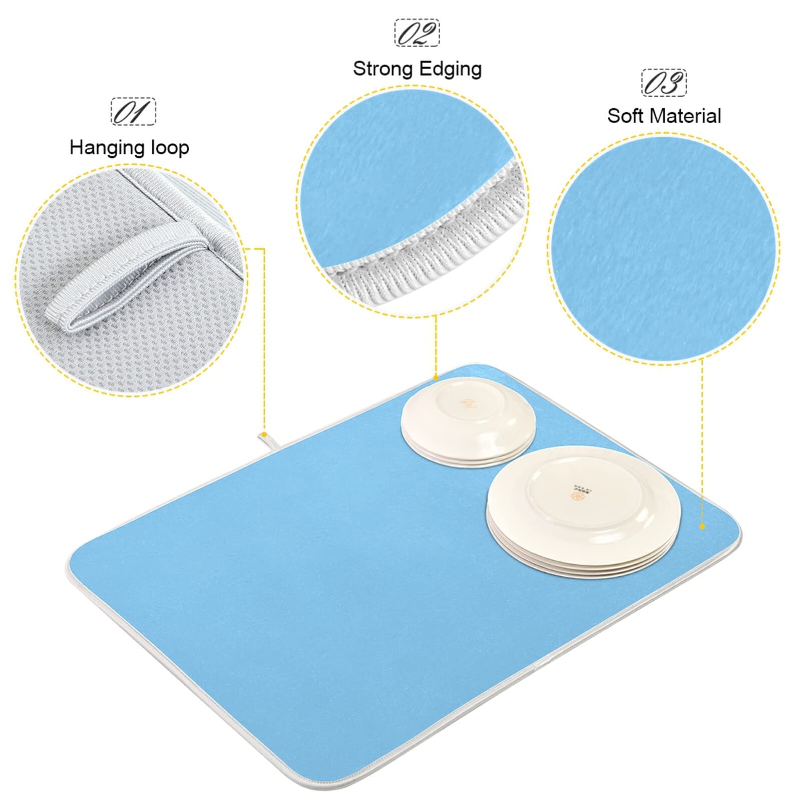 Light Blue XL Dish Drying Mat - 18x24 Inch Large Microfiber Kitchen Counter Mat - Heat Resistant Dish Drainer Pad for Dishes & Cookware - Perfect for Kitchen Countertops, Sink Areas & Dining Table Decor