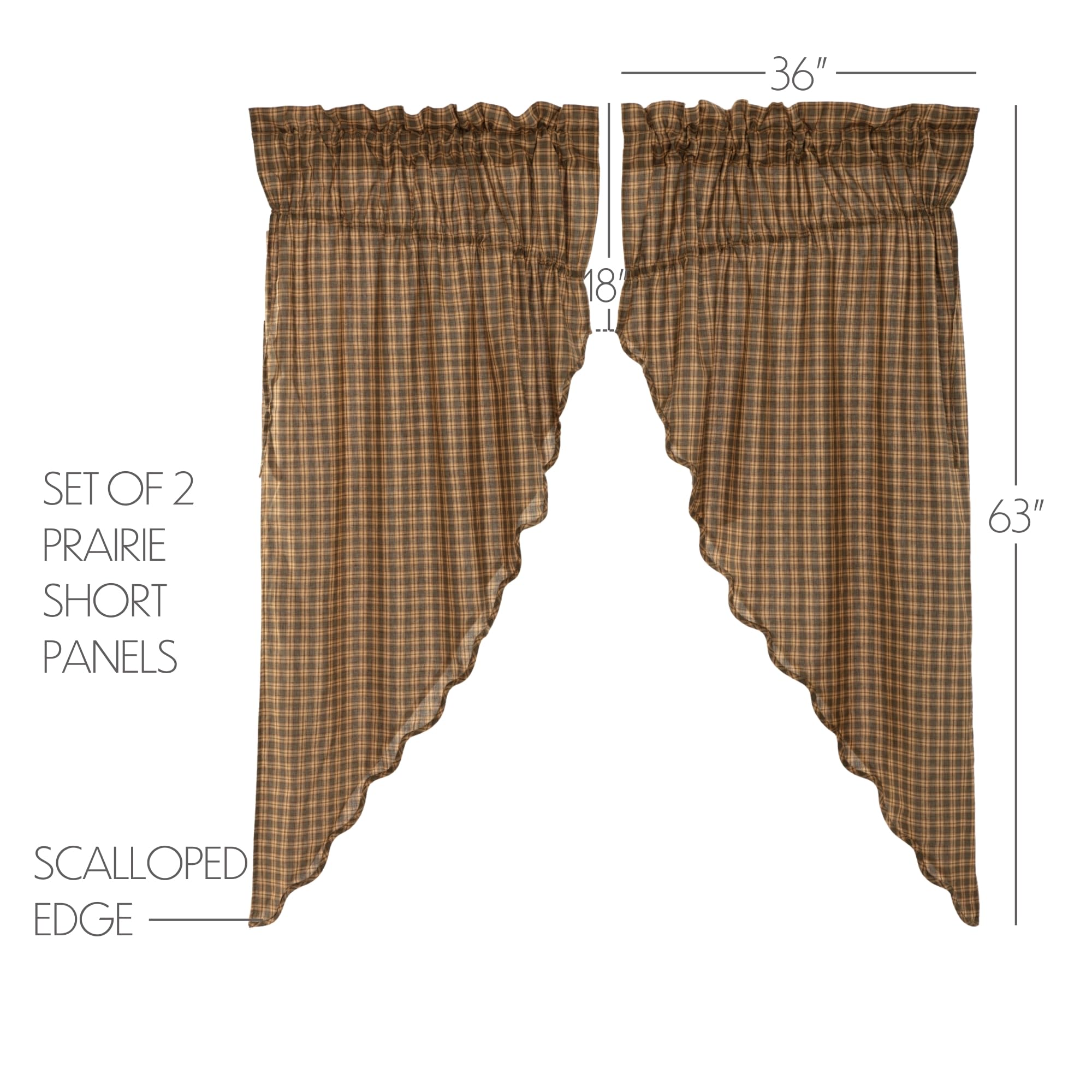 Rustic Cedar Green Plaid Cotton Curtains with Rod Pocket & Drawstring Ties - Prairie Style Panel Pair for Living Room, Bedroom & Farmhouse Decor
