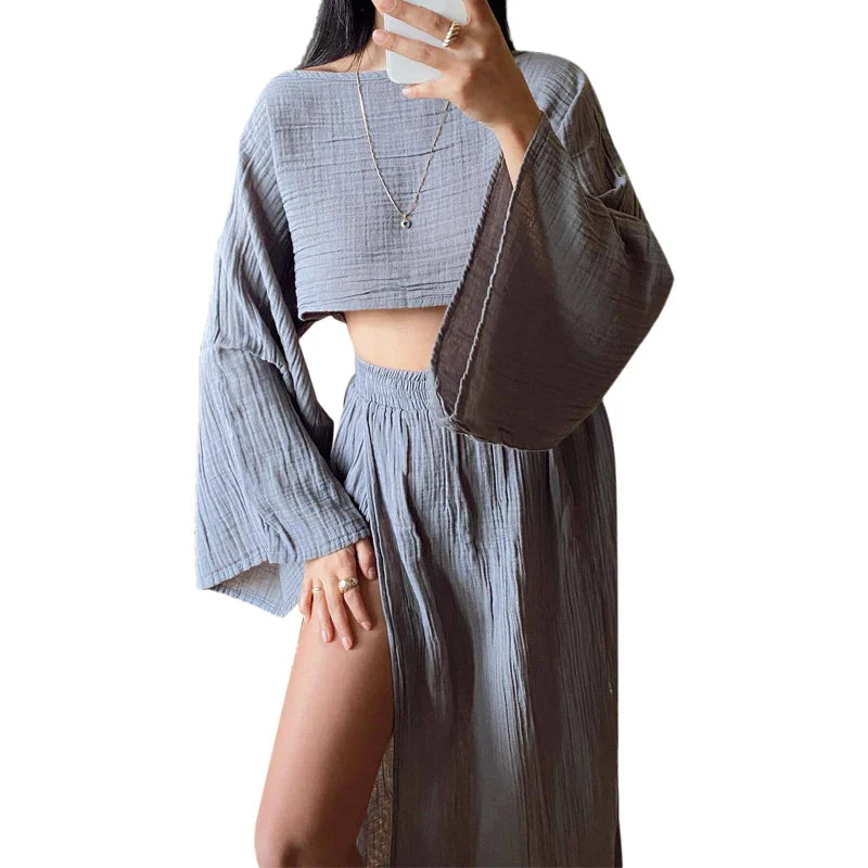 Stylish Women's Linen 2-Piece Set - Crop Top & High Waist Slit Maxi Skirt | Summer Beach Cover Up, Lounge Wear & Vacation Outfit | Breathable Linen Fabric for Casual, Boho & Date Night Looks