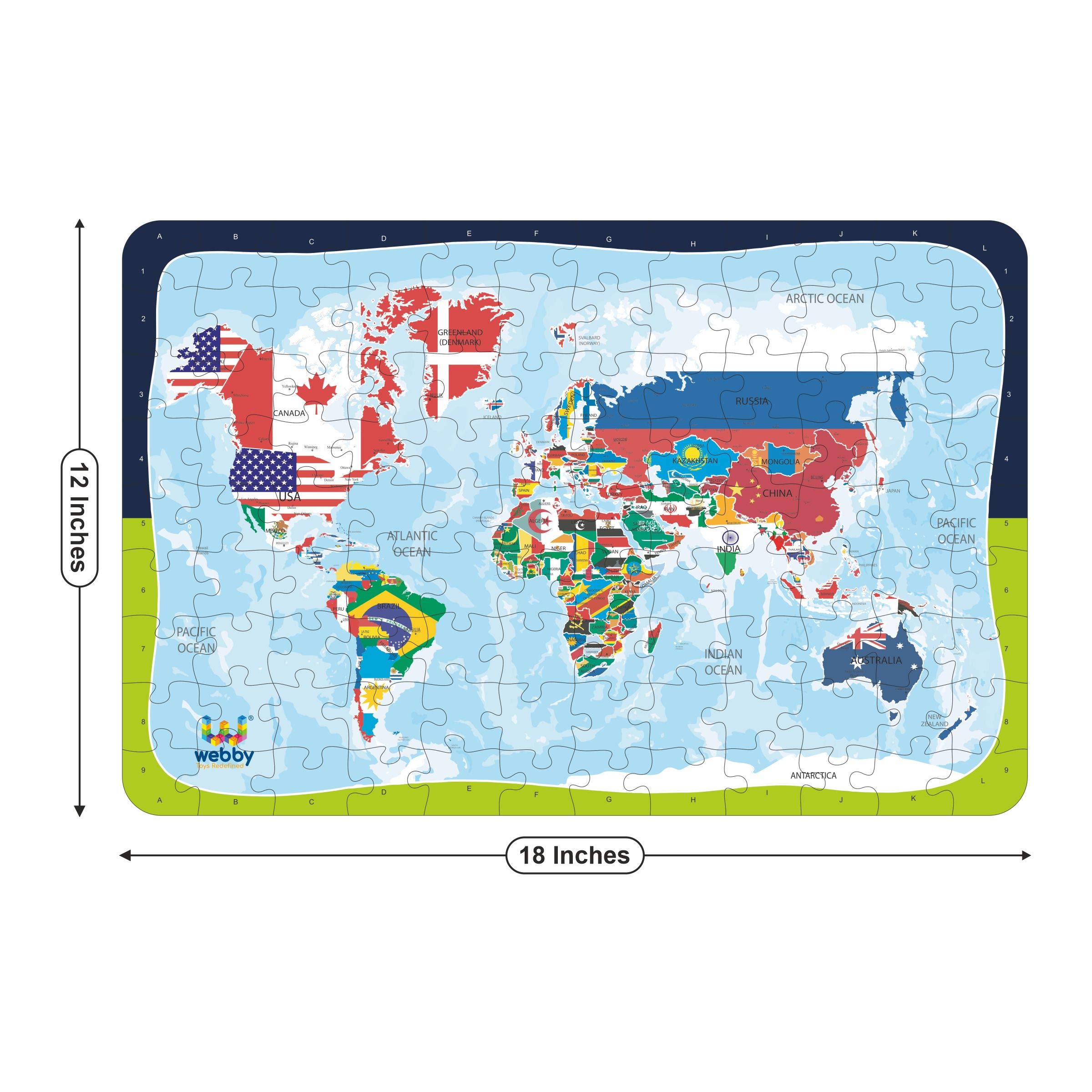 Webby Kids World Map with Flags - 108 Piece Wooden Jigsaw Puzzle for Children | Educational Geography Toy for Classroom & Home Learning