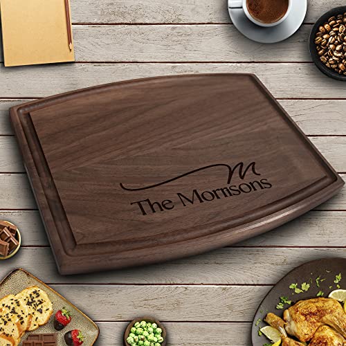 Personalized Wooden Cutting Board with Initials - Custom Engraved Wedding Gift for Couples, Bride & Groom - 9x12 Arched Walnut Kitchen Decor - Perfect for Anniversary, Housewarming & Romantic Kitchen Accessories