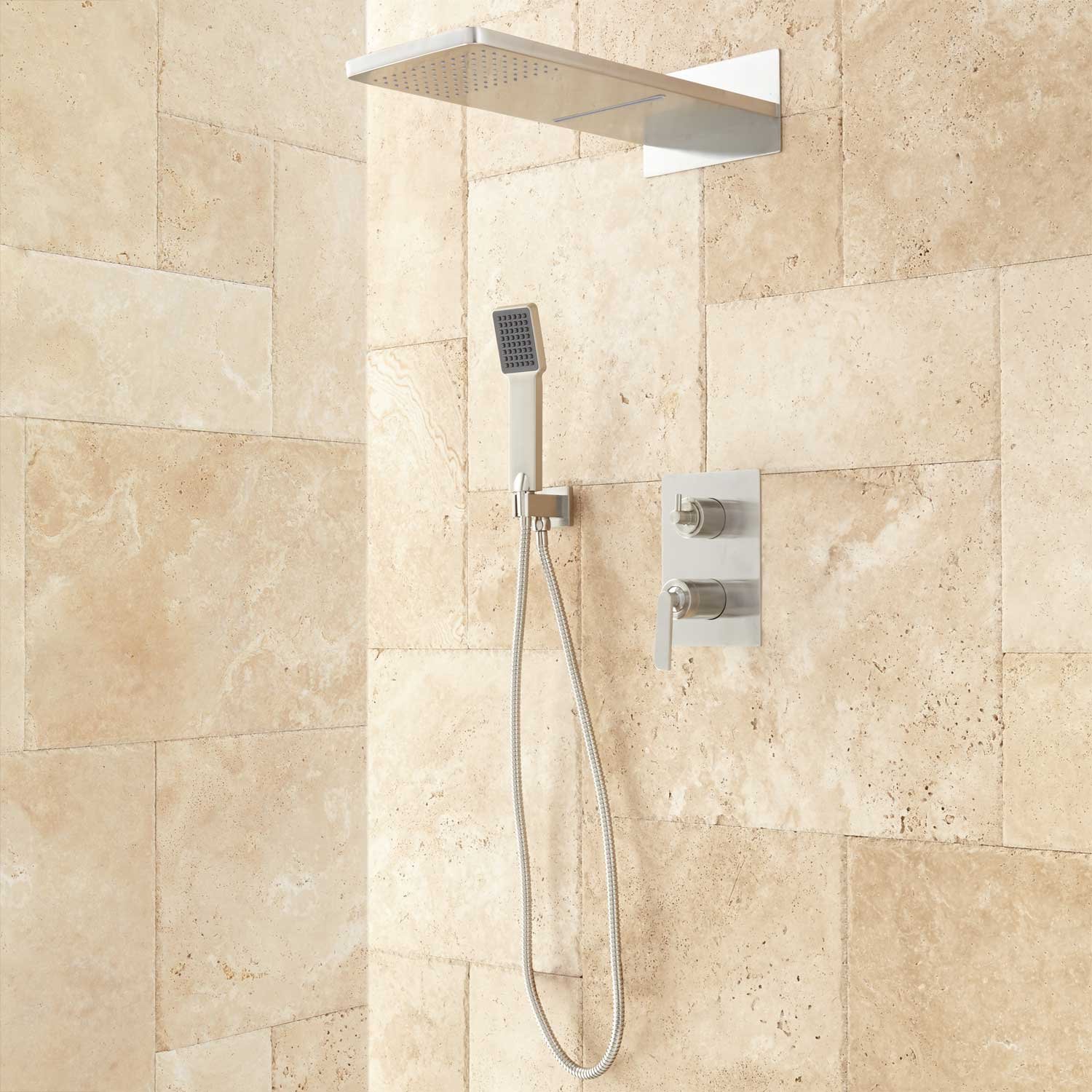 Signature Hardware 414750 Calhower Shower System with Rainfall Shower Head & Handheld Shower - Brushed Nickel Finish - Complete Rough-In Valve Included - Perfect for Luxury Bathroom Renovations and Spa-Like Shower Experiences