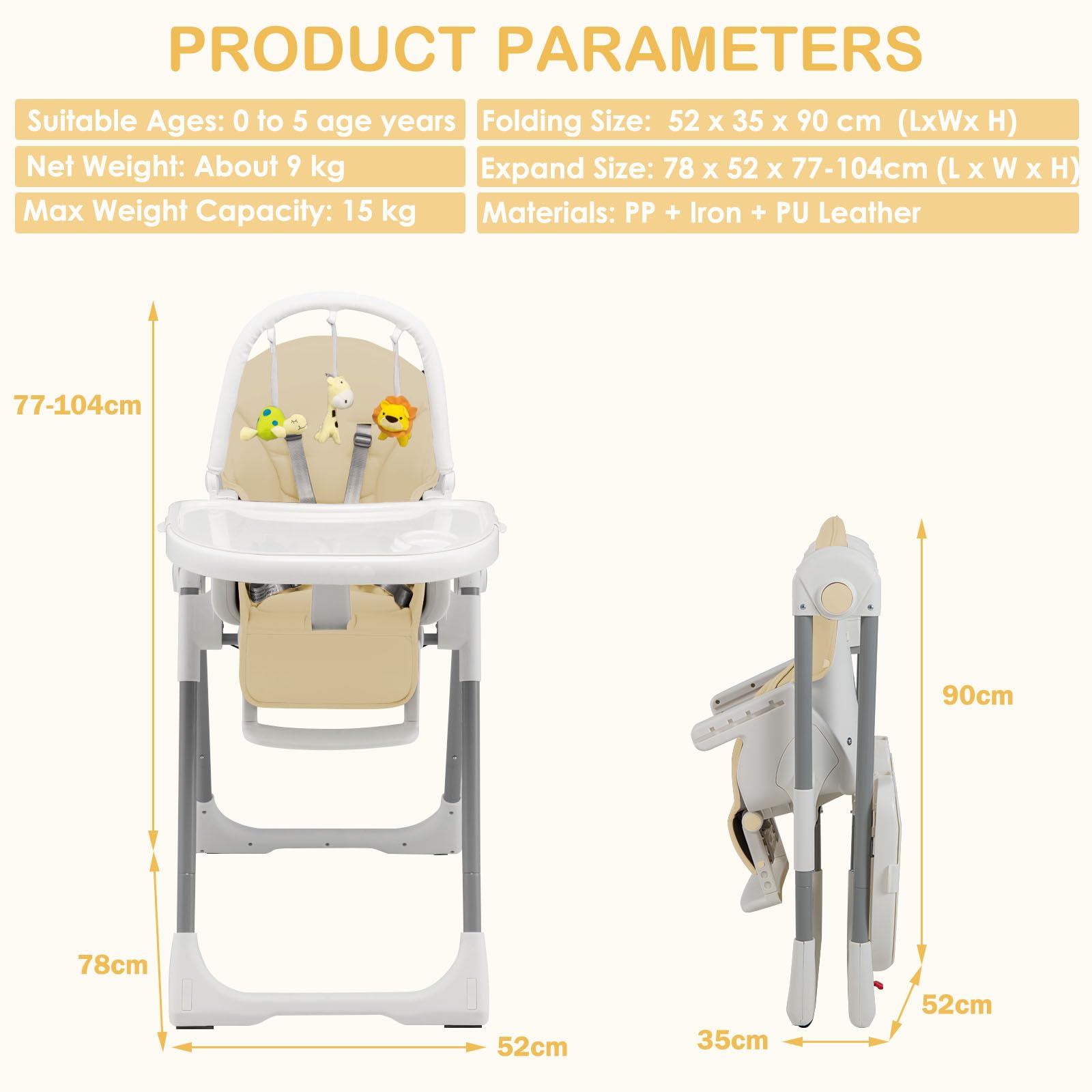 Maxmass 4-in-1 Foldable Baby High Chair with 5-Point Safety Harness, Removable Dual Tray & Cushion - Adjustable Infant Feeding Seat with Toy Bar & Wheels for Toddlers 6-36 Months (Beige) | Perfect for Dining, Playtime & Travel