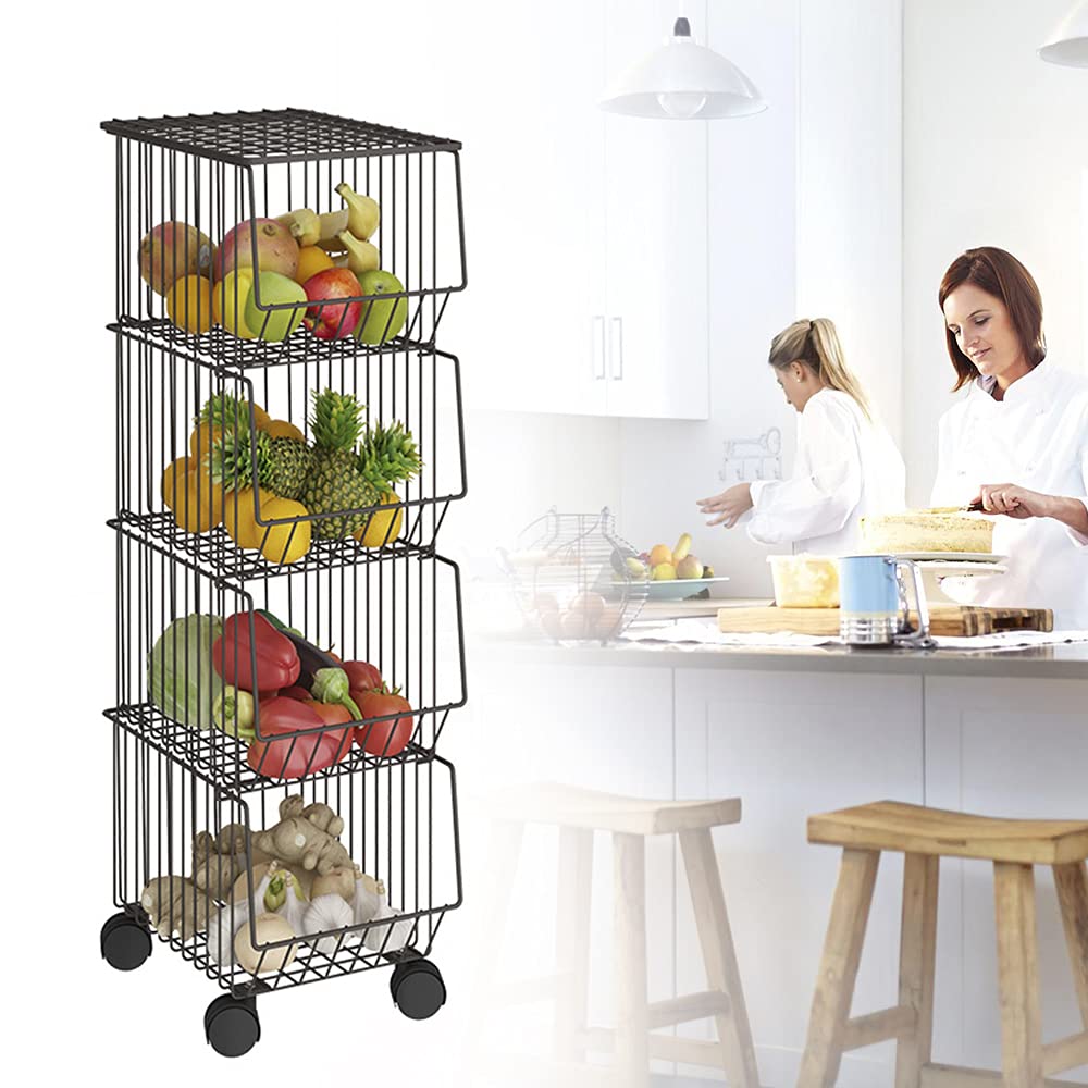 WOQLIBE 4-Tier Stackable Metal Wire Basket Cart with Wheels - Kitchen Fruit & Vegetable Storage Organizer for Pantry, Produce, Refrigerator - Black | Perfect for Organizing Fresh Fruits, Veggies & Groceries in Home Kitchen or Supermarket