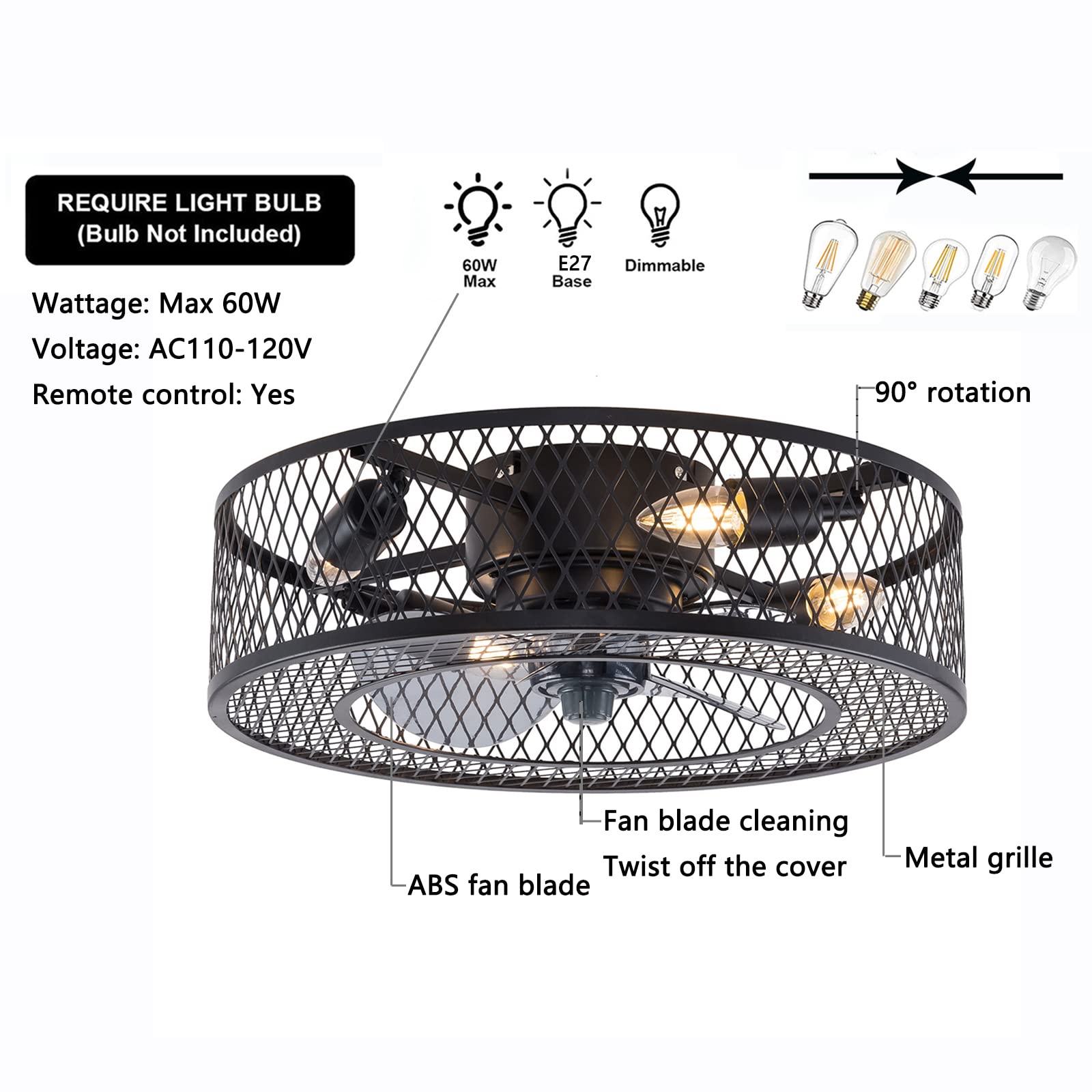 18 Inch Black Iron Caged Ceiling Fan with Light - 3 Speed Adjustable Remote Control, Low Profile Flush Mount Chandelier (4xE27 Bulb Base) - Perfect for Bedroom, Living Room, Kitchen and Office Spaces