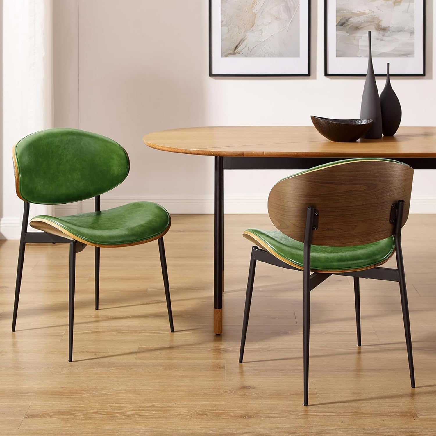 Art Leon Dining Chairs Set of 2 - Walnut Bentwood Mid Century Modern Kitchen & Dining Room Chairs - Green Faux Leather Upholstered Accent Chairs for Bedroom, Living Room & Office - Comfortable Seating for Home Decor