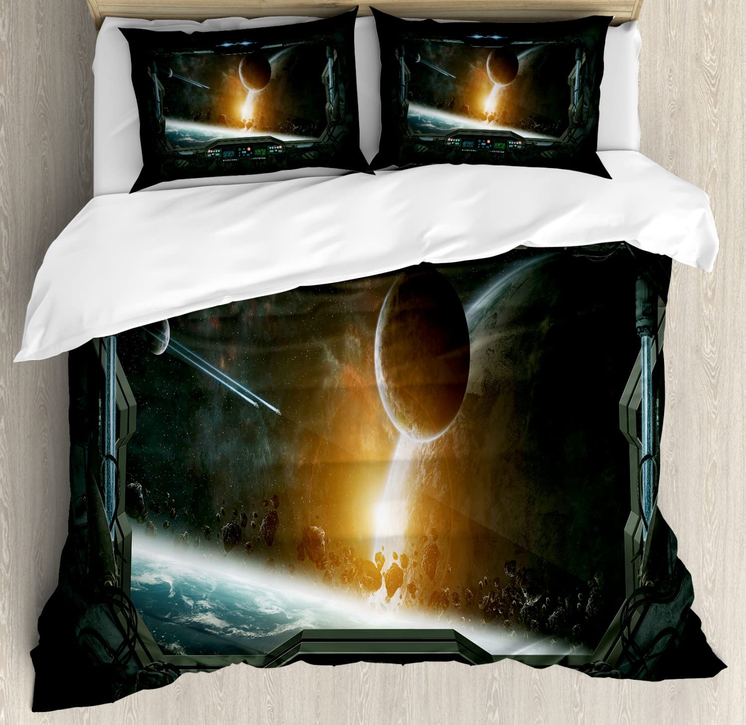 Ambesonne Outer Space Duvet Cover Set - Queen Size 2-Pack with Planets & Astronaut Design, Includes 2 Duvet Covers & 4 Pillowcases in Grey Orange - Perfect for Space-Themed Bedrooms & Sci-Fi Decor