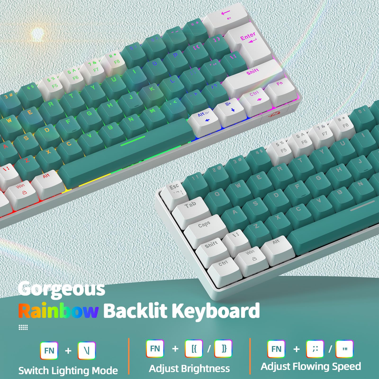 60% UK Gaming Mechanical Keyboard - 62 Key Compact Blue Switches with RGB Backlight for PC/Laptop Gaming & Office Work