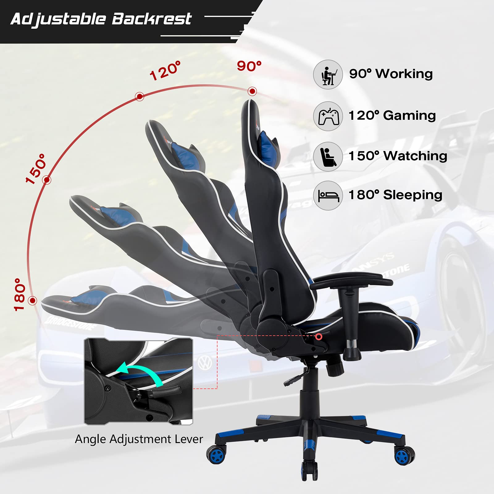 GYMAX Ergonomic Gaming Chair with Massage, Adjustable Headrest & Lumbar Support - Blue Reclining Computer Chair for Office & Home Gaming Setup - Perfect for Esports, Streaming, and Long Work Sessions