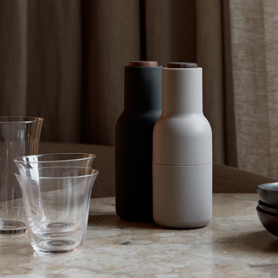 Premium Ceramic Salt and Pepper Grinder Set - AUDO CPH Ash/Carbon with Walnut Lid - Adjustable Coarseness for Gourmet Cooking & Dining Table Elegance
