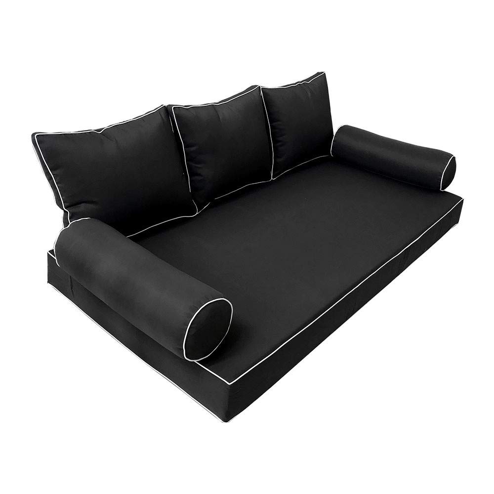 Style3 AD109 Twin Size 6-Piece Outdoor Daybed Set - Contrast Piping Mattress Cushion & Bolster Pillows for Patio, Poolside, or Garden Lounge (Beige & White)
