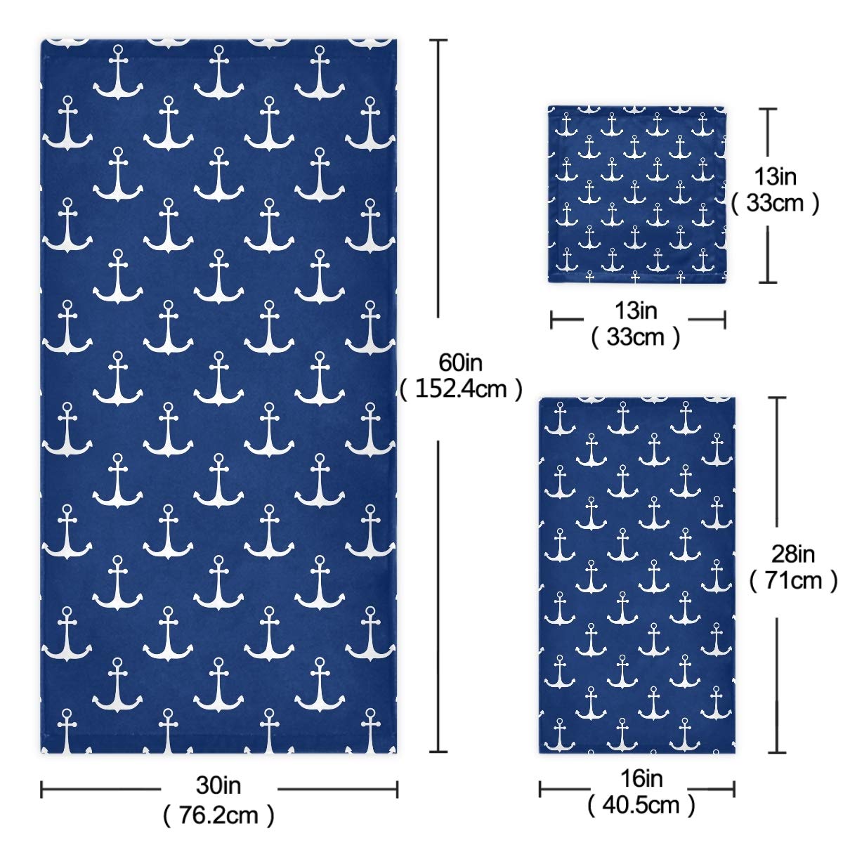 Premium Nautical Anchor Print 3-Piece Bath Towel Set - 1 Bath Towel, 1 Hand Towel, 1 Washcloth | Soft & Absorbent Cotton Towels for Bathroom, Spa, Beach & Gym | Navy Blue Anchor Design for Coastal Decor & Nautical Theme Bathrooms