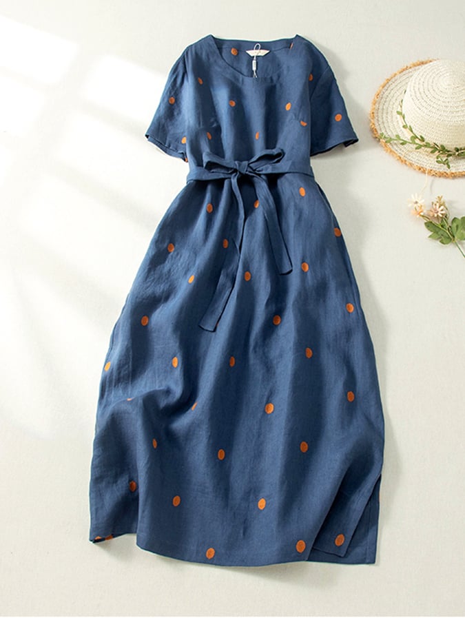 Lovevop Women's Cotton Linen Polka Dot Print A-Line Dress with Elastic Waistband - Perfect for Summer Outings, Beach Vacations and Casual Wear
