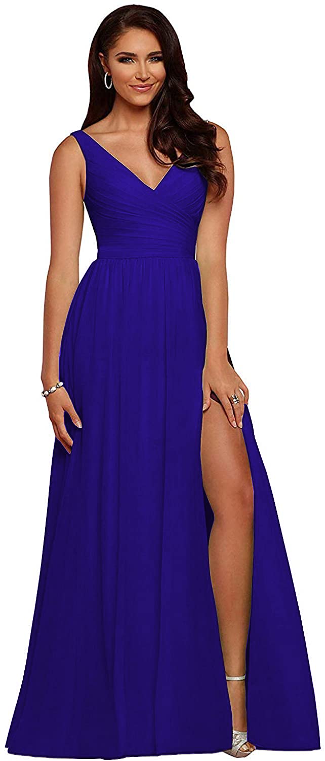 Elegant King Noiva Bridesmaid Dresses - Long Chiffon Wedding Guest Dress with Pleated V-Neck & High Slit Backless Design for Prom, Formal Events & Special Occasions | Perfect for Bridal Parties, Evening Galas & Black Tie Events