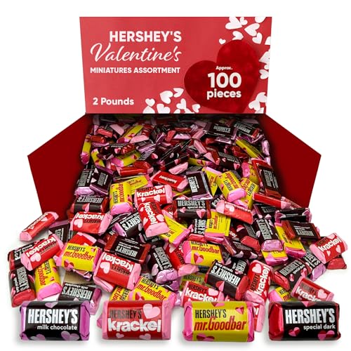 Hershey's Miniatures Assorted Valentine's Chocolate Candy - 2lb (100 Pieces) Individually Wrapped Dark & Milk Chocolate Snacks - Mr. Goodbar & Krackel Flavors - Perfect for Valentine's Day Gifts, Party Favors, Office Treats & Chocolate Gift Boxes