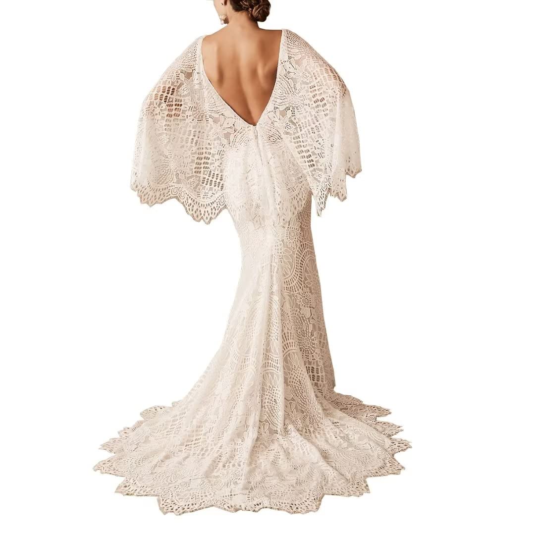 Boho Wedding Dresses for Bride - Lace Mermaid Bridal Gown with V-Neck & Cape Sleeves | Beach, Bohemian & Vintage Style Wedding Dress | Perfect for Outdoor, Destination & Boho Chic Weddings