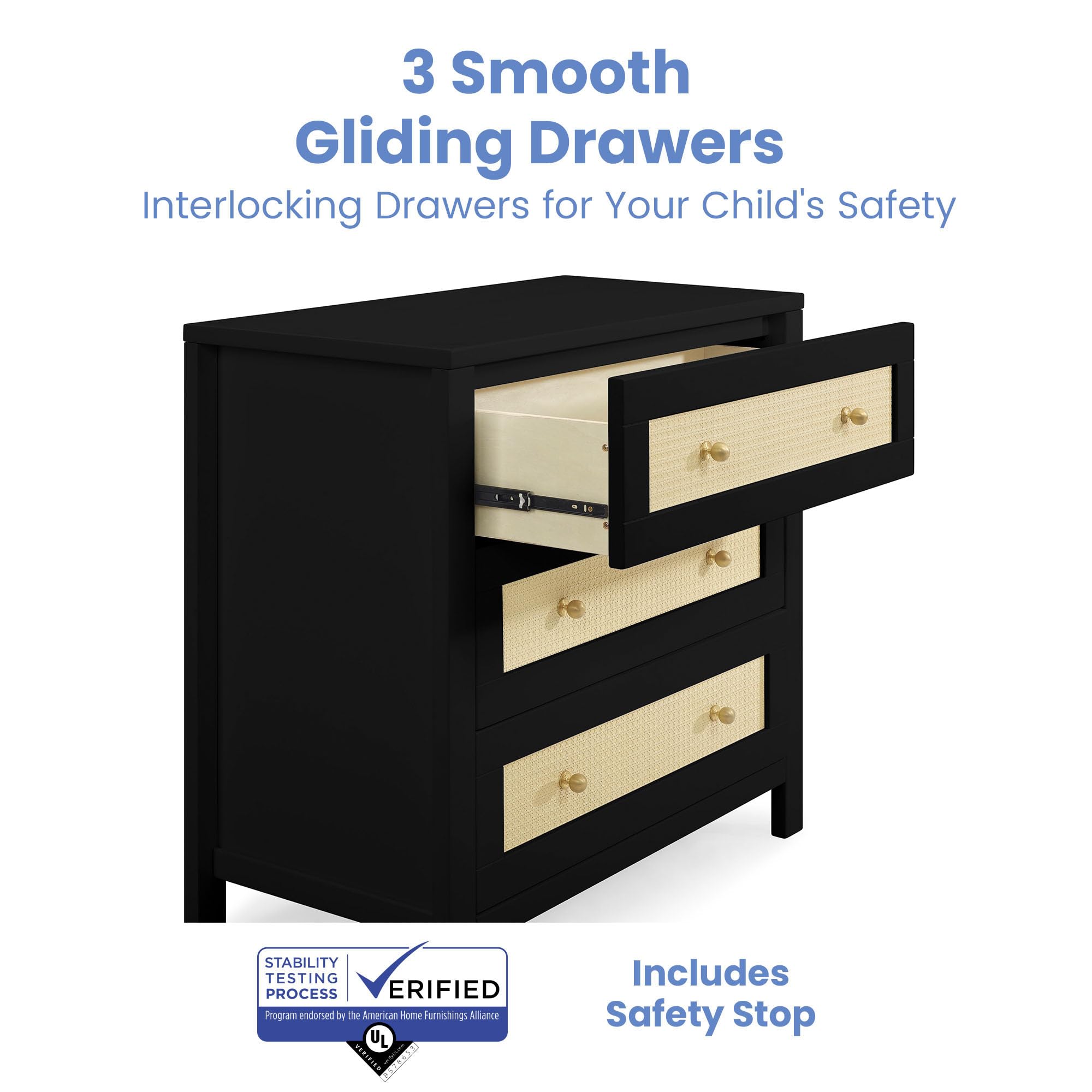 Simmons Kids Theo 3-Drawer Baby Dresser with Changing Table Top | Secure Interlocking Drawers | Black & Textured Almond Finish | Perfect for Nursery Organization & Diaper Changing Station