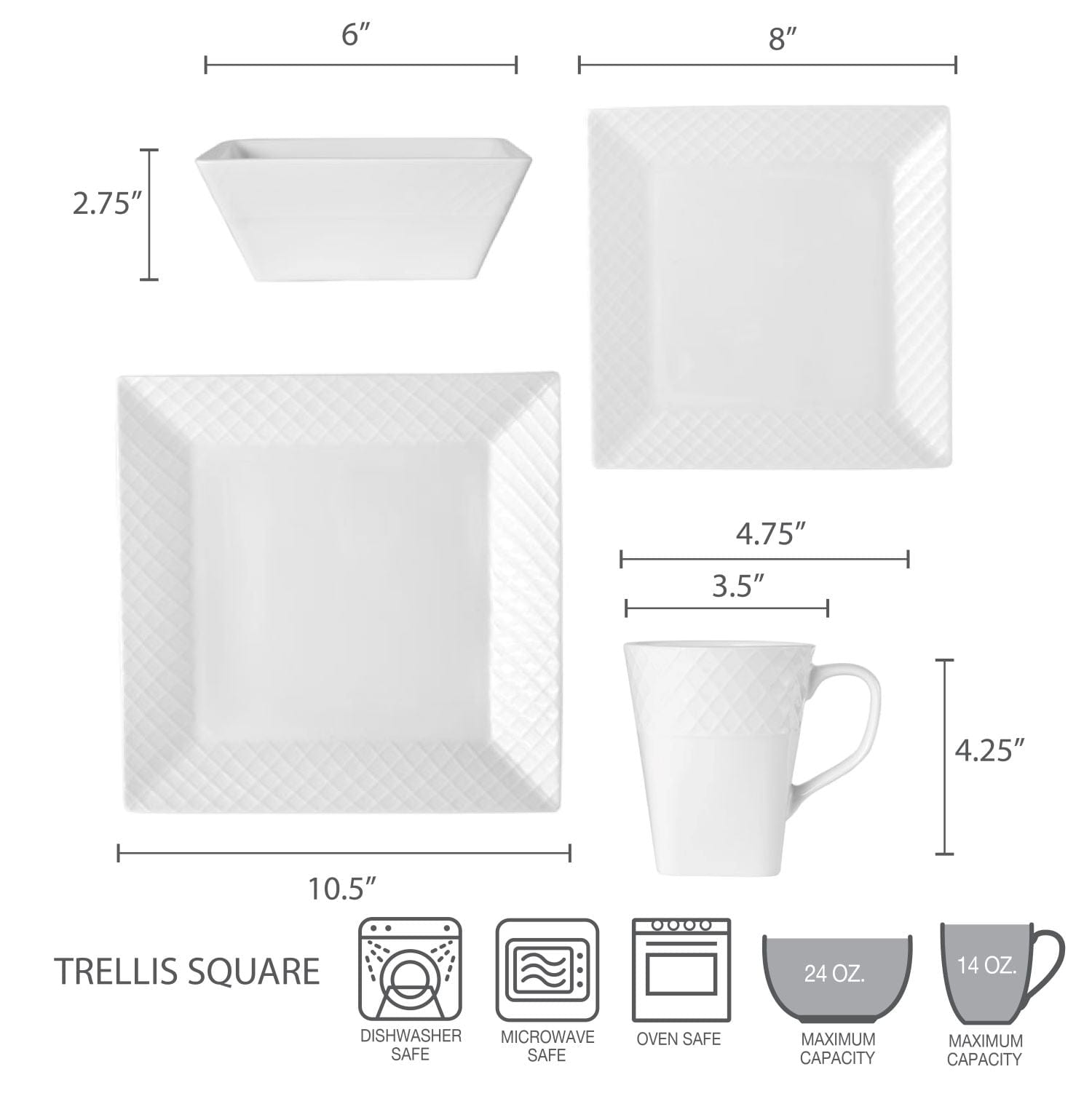 16-Piece White Square Trellis Dinnerware Set - Service for 4, Elegant Table Setting for Everyday Dining & Entertaining