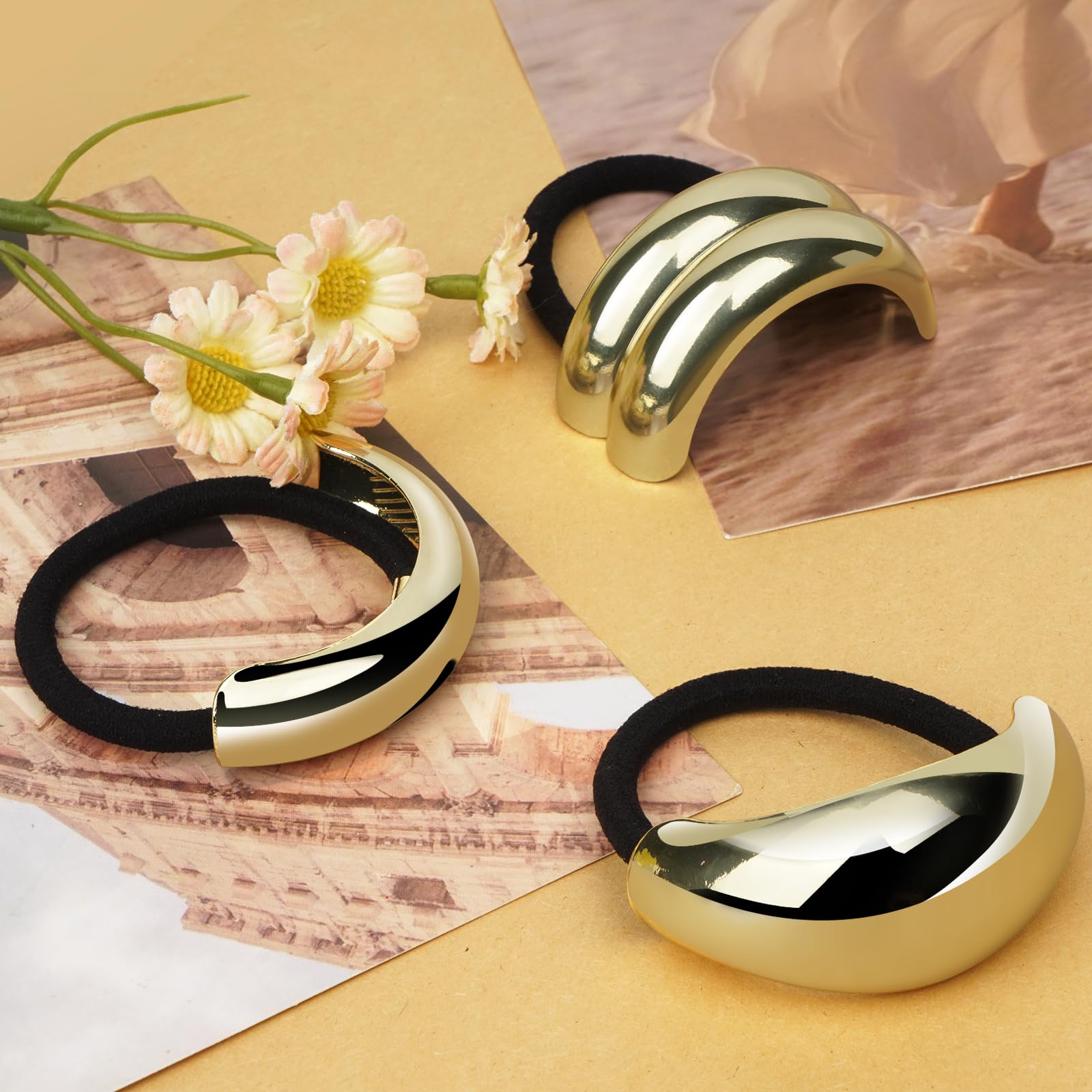 3PCS Gold Hair Cuffs for Women - Elegant Metal Ponytail Cuff Wrap, Geometric Hair Accessories for Thick Hair - Perfect for Parties, Weddings & Everyday Styling