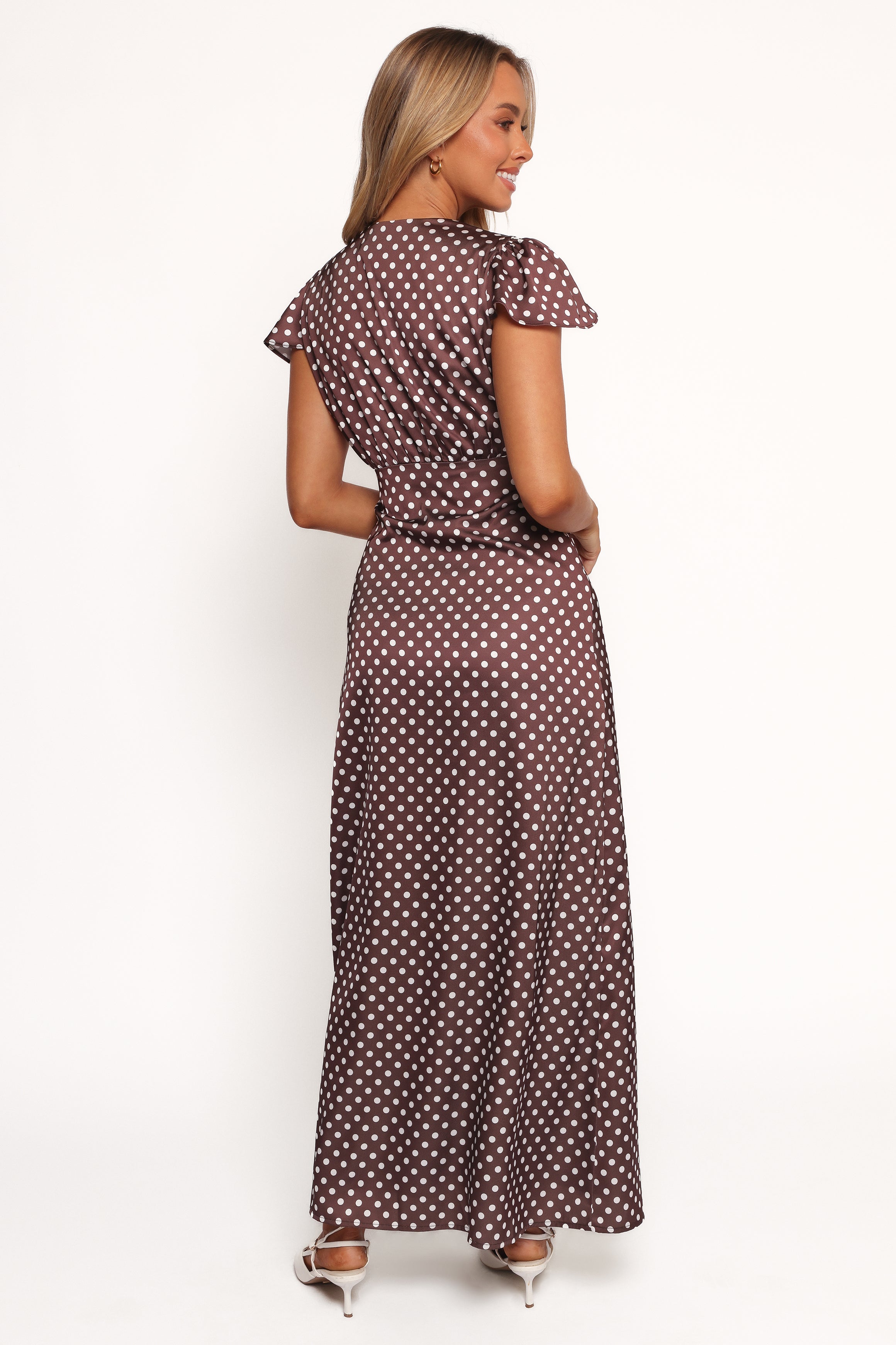 Dean Maxi Dress - Brown Polka Dot Flowy Long Dress for Women, Summer Beach Wedding Party Wear, Boho Chic Style