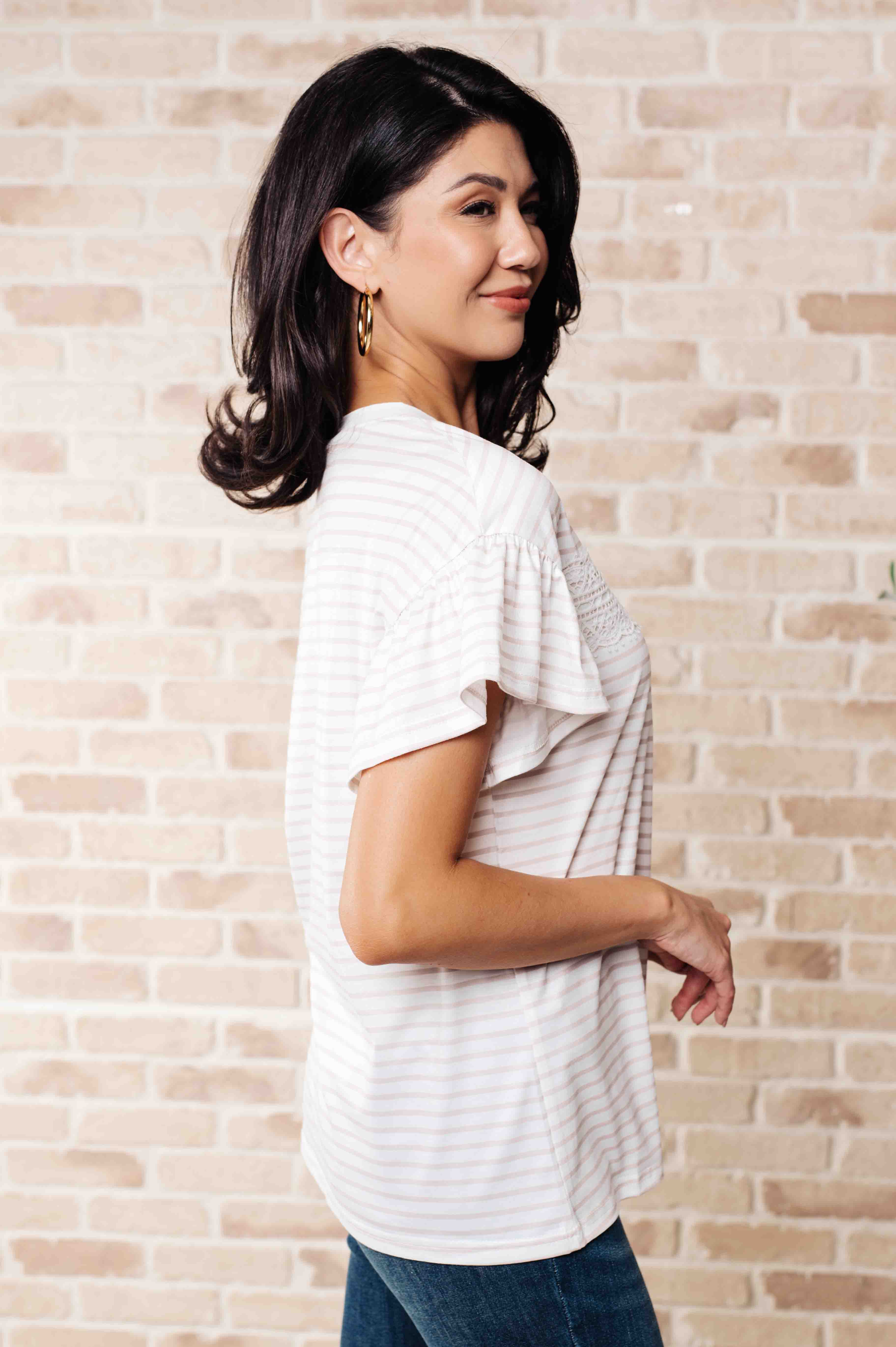 Elegant Lace Detail Striped Women's Top - Breathable Summer Blouse for Casual Outings & Date Nights