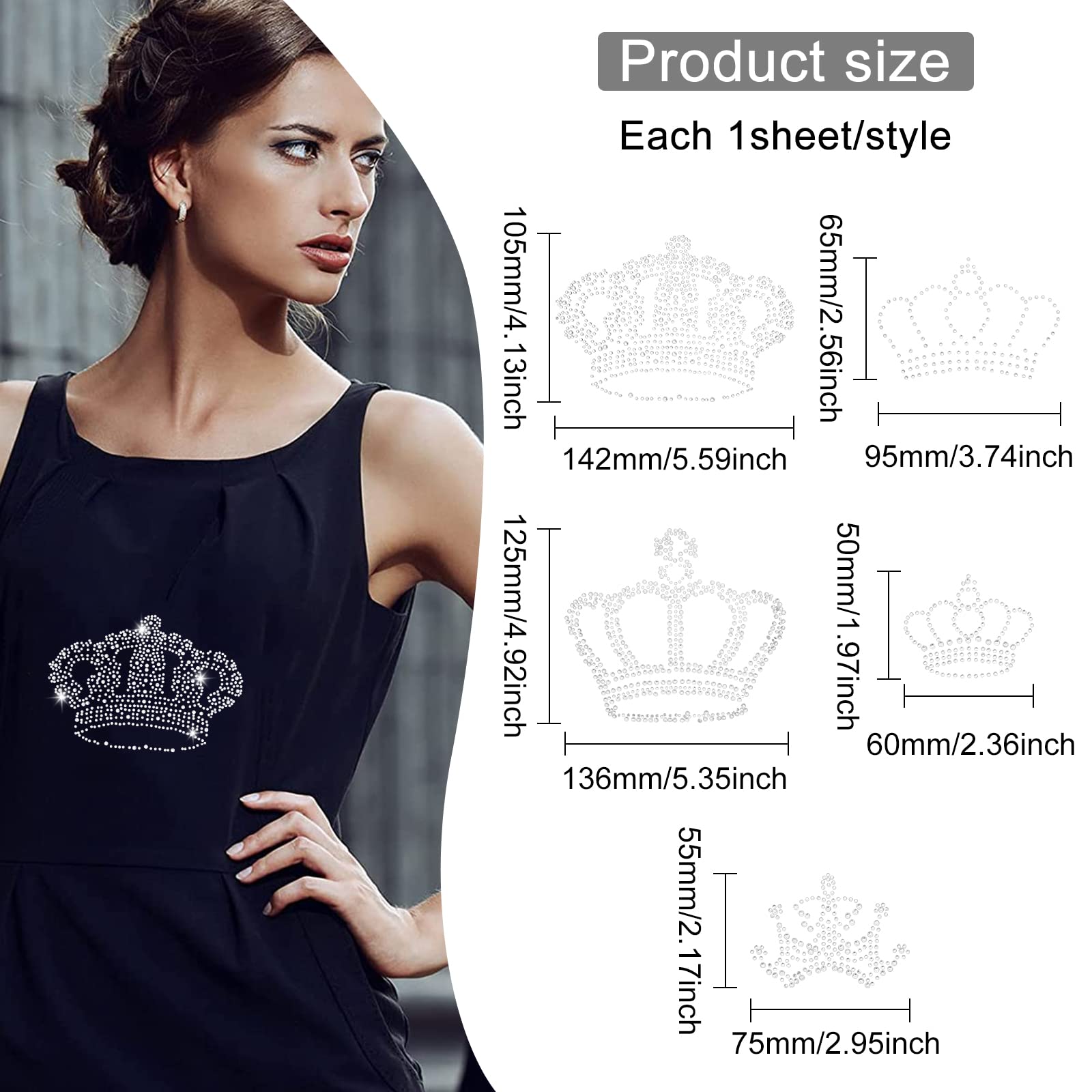 FINGERINSPIRE 5pcs Crown Iron-on Crystal Rhinestone Decals - Large Hotfix Rhinestone Transfer Patches for Clothing, DIY Embellishment (Perfect for T-Shirts, Jeans, Jackets & Costume Design)